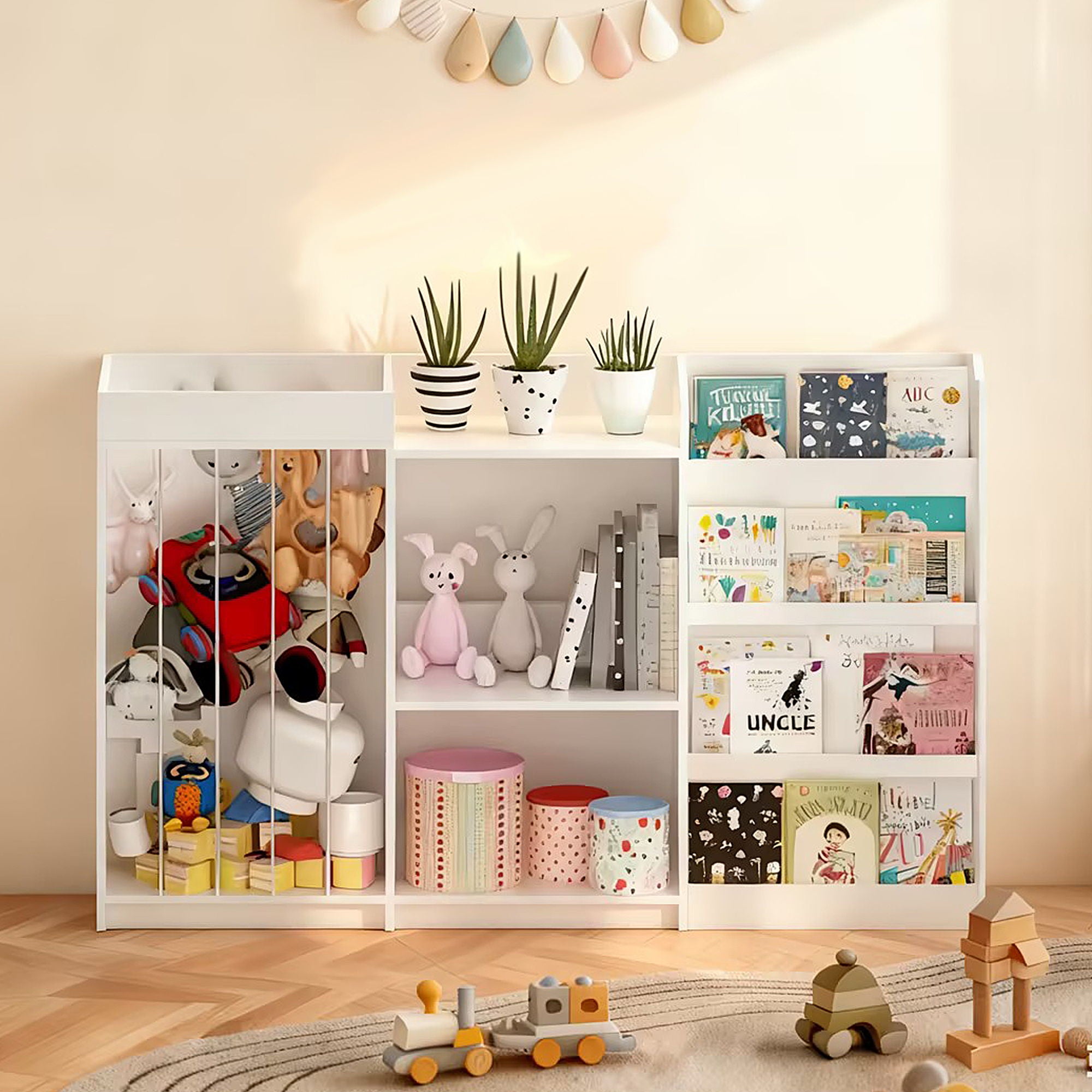 Bookshelf And Toy Storage, 3 Tier Montessori Bookcase With Stuffed Animal Organizer - White