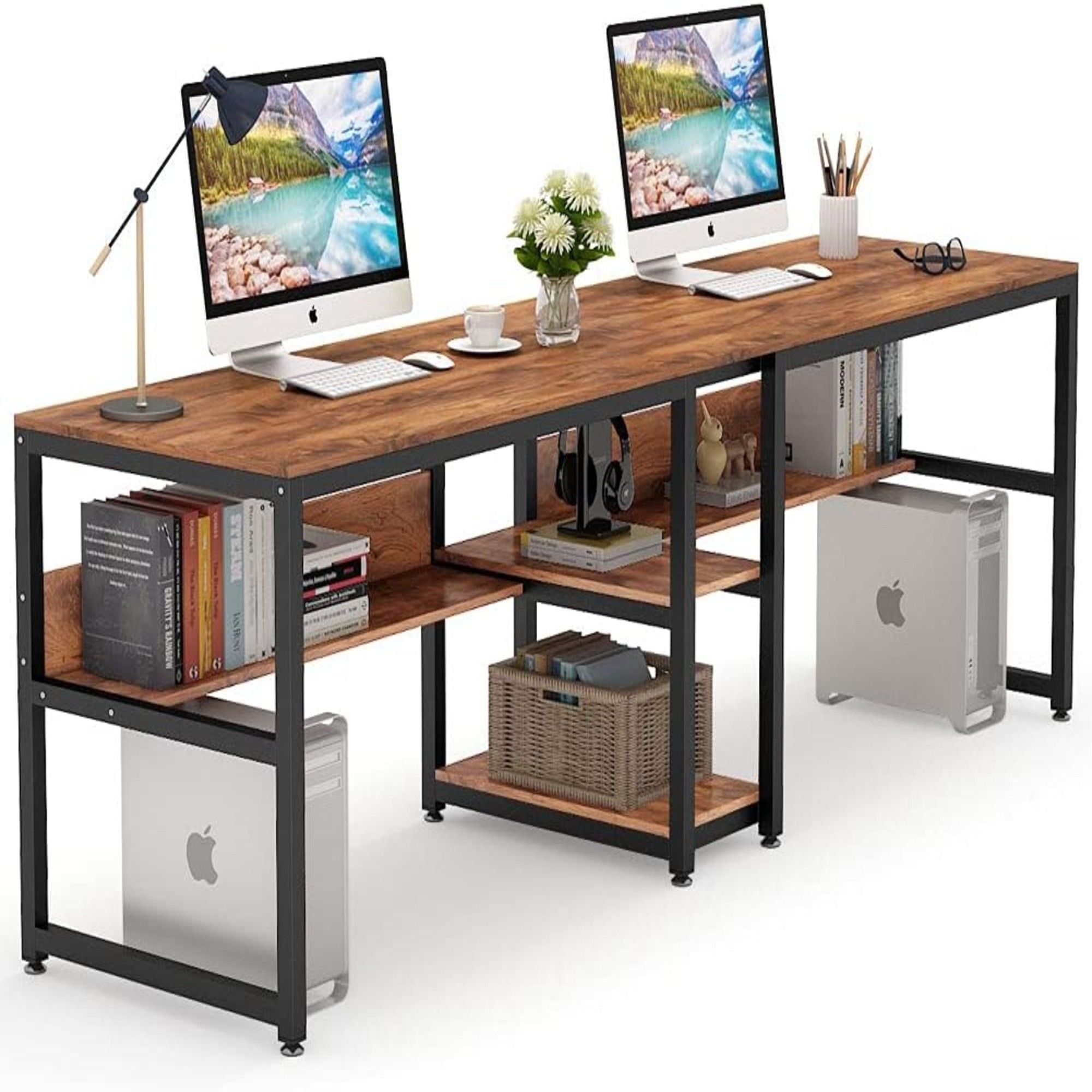 Double Desk For 2 With Bookshelves, 2 Person Workstation With Storage - Brown / Black