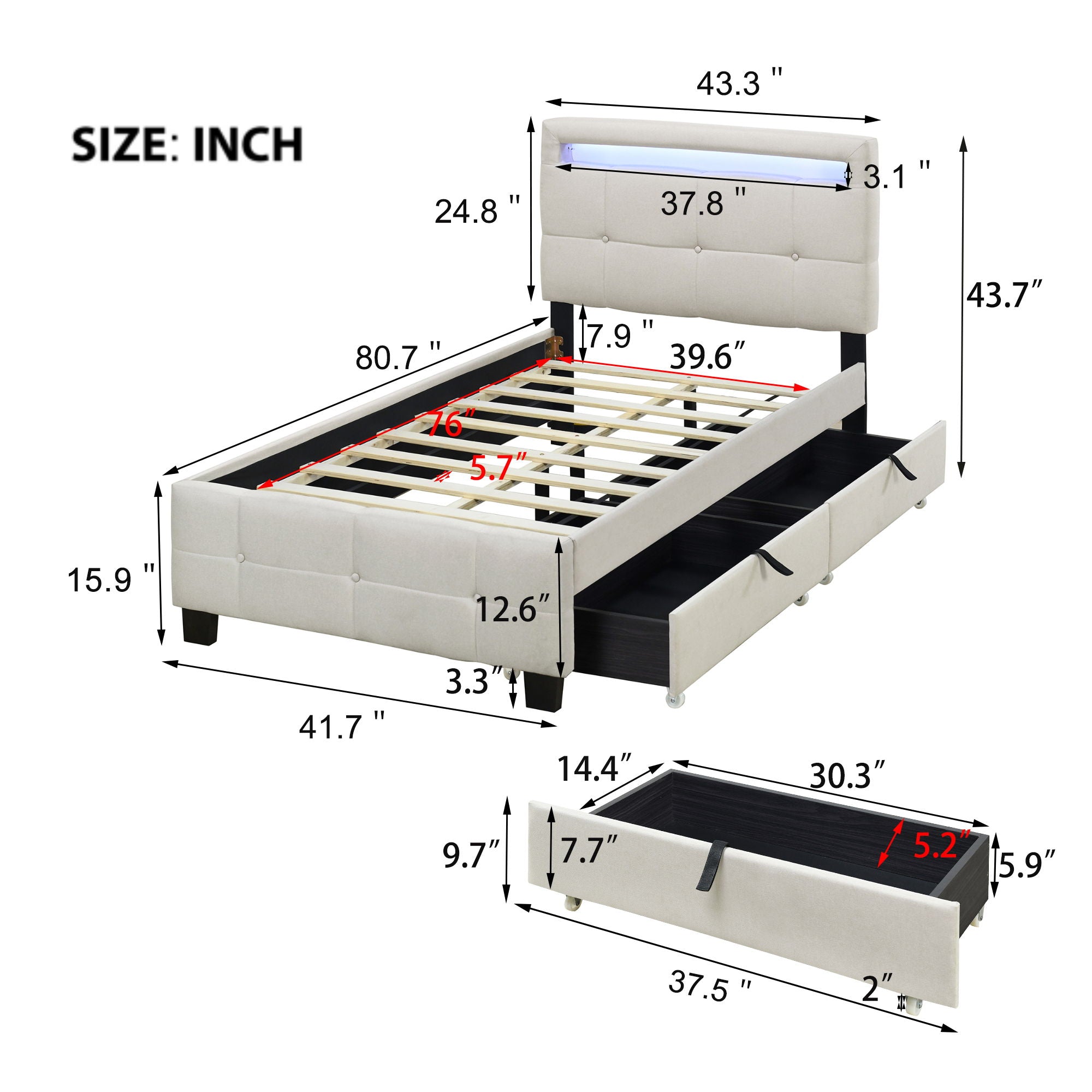 Upholstered Platform Bed With LED Frame, With Trundle And 2 Drawers