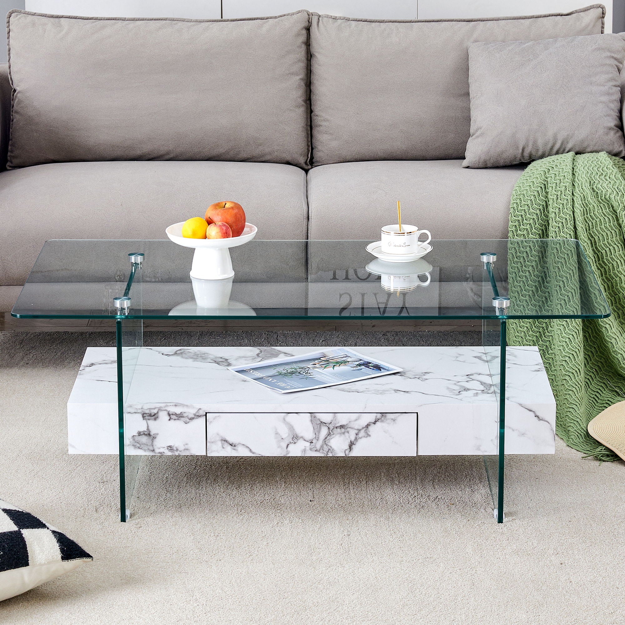 Modern 2 Tier Square Coffee Table, Elegant Marble Pattern