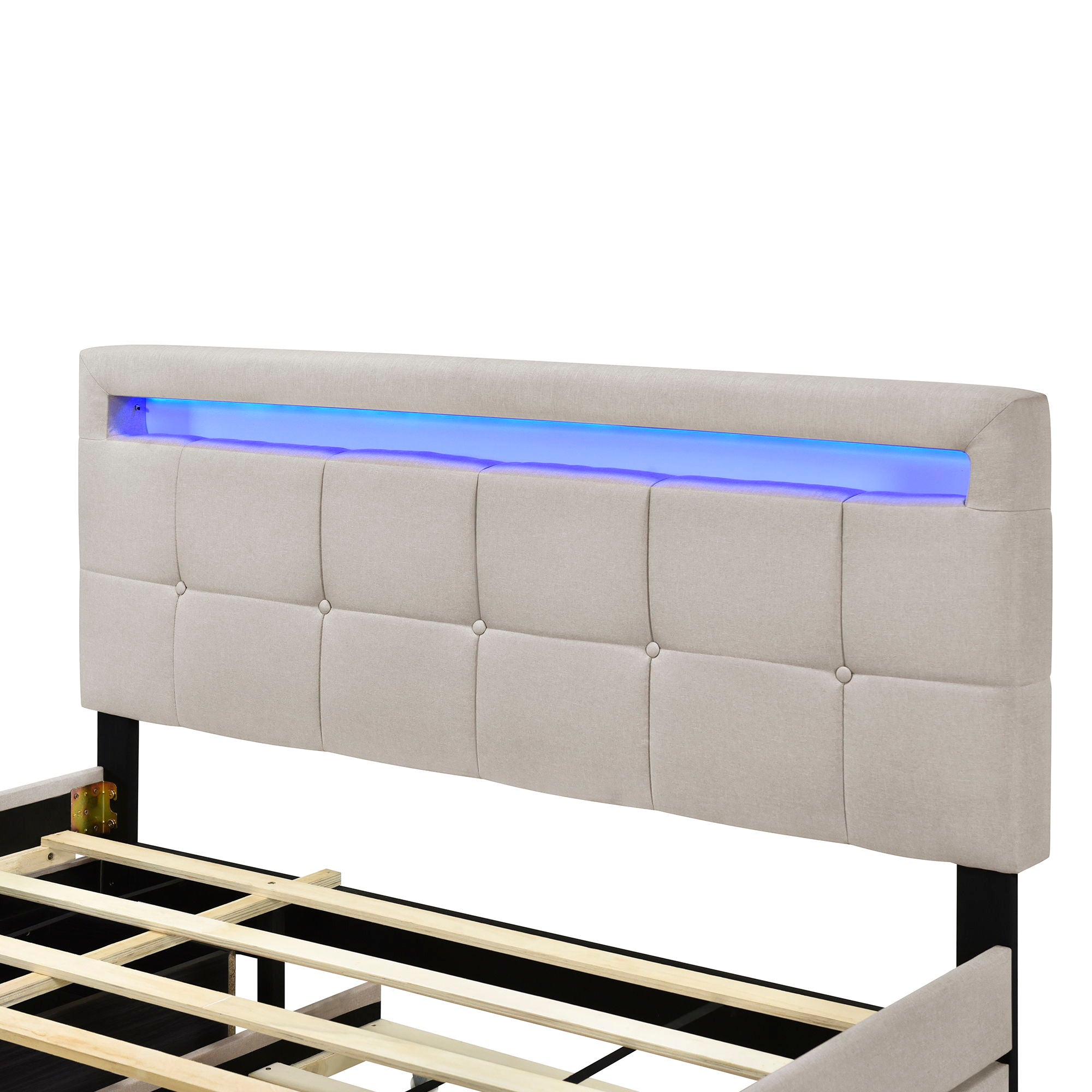 Upholstered Platform Bed With LED Frame, With Trundle And 2 Drawers