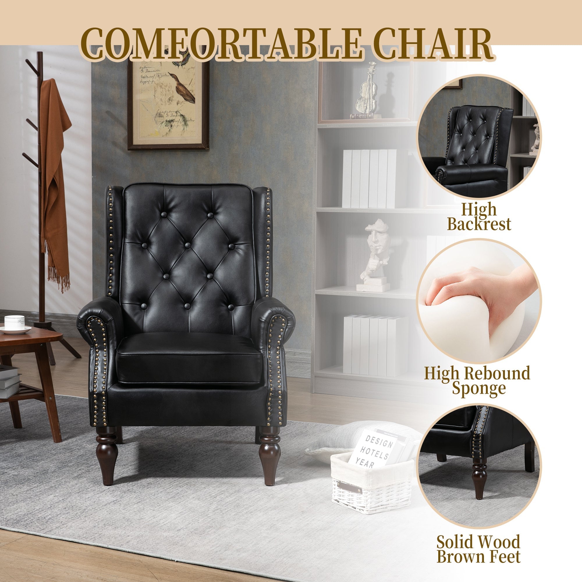 Modern Accent Armchair with Black PU Leather and Wood Legs