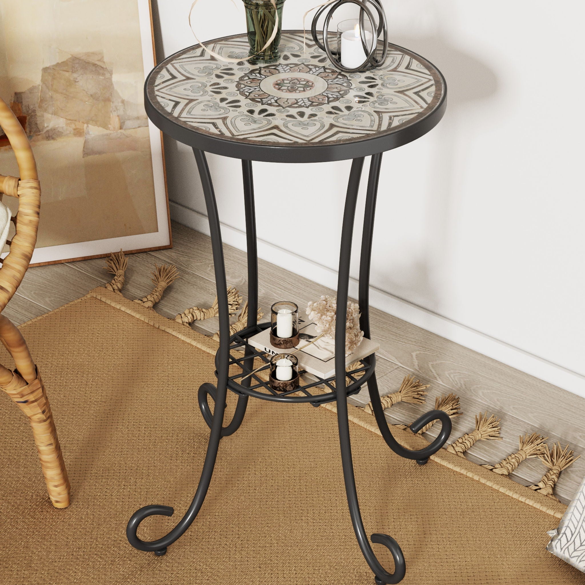 Ceramic Tile and Iron Patio Side Table with Shelf