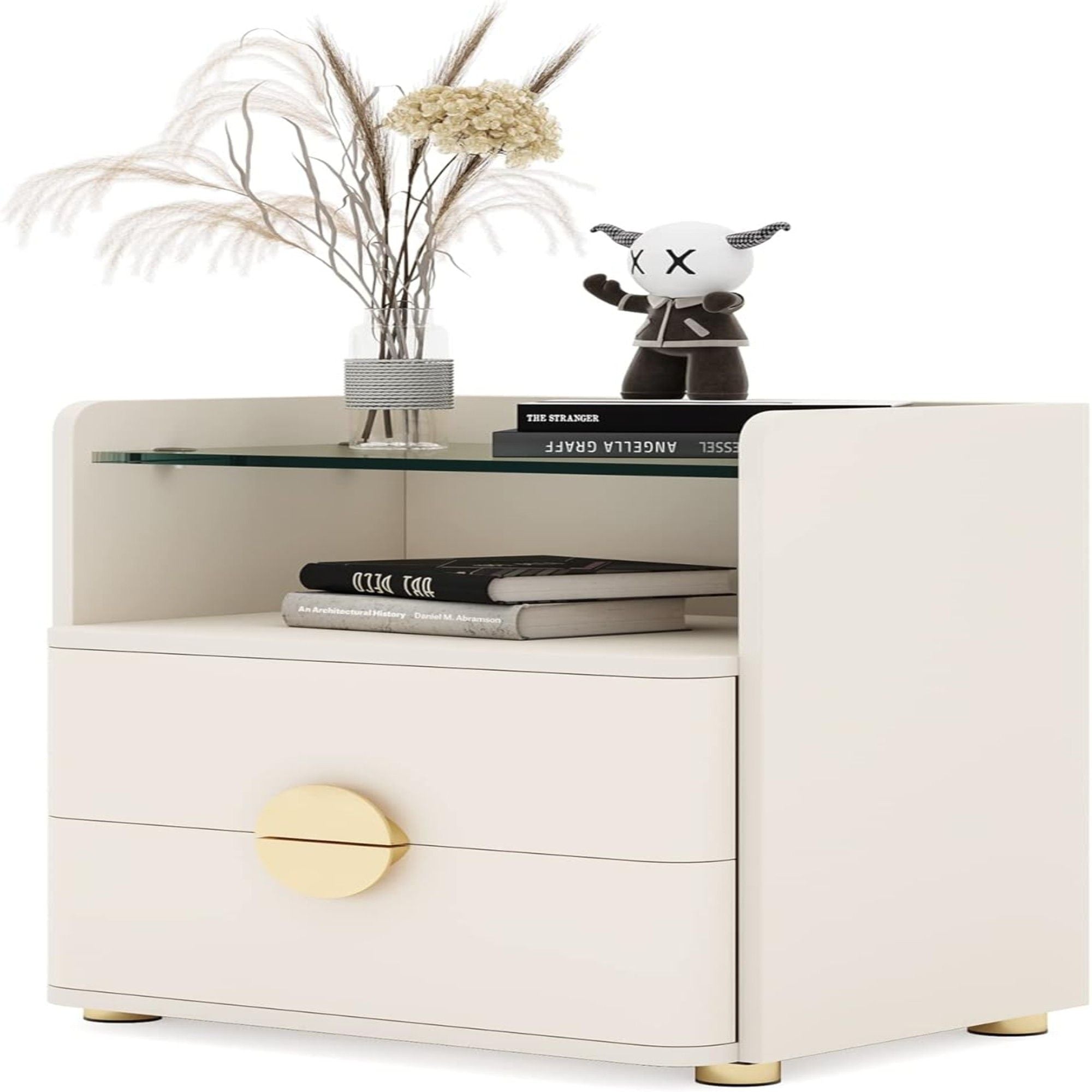 2 Drawer Nightstand With Open Shelf, Bedside Table - Beige