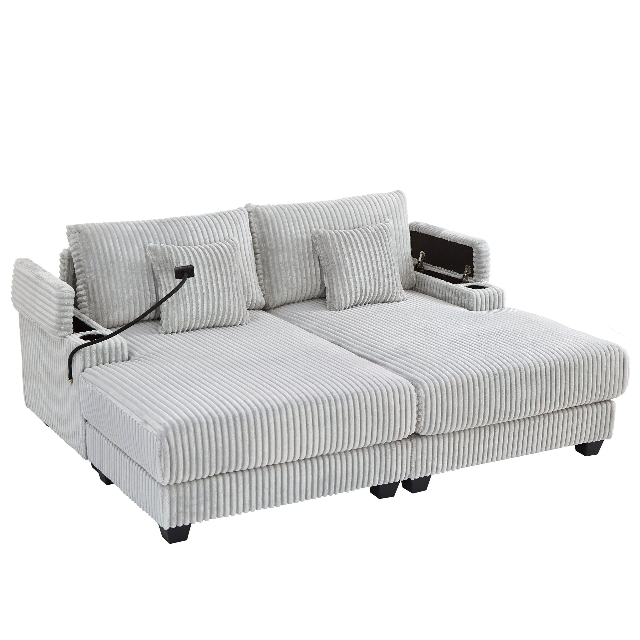 Modern Chaise Sofa With Adjustable Backrest, Cup Holders, Phone Holder & Storage Compartments For Living Room