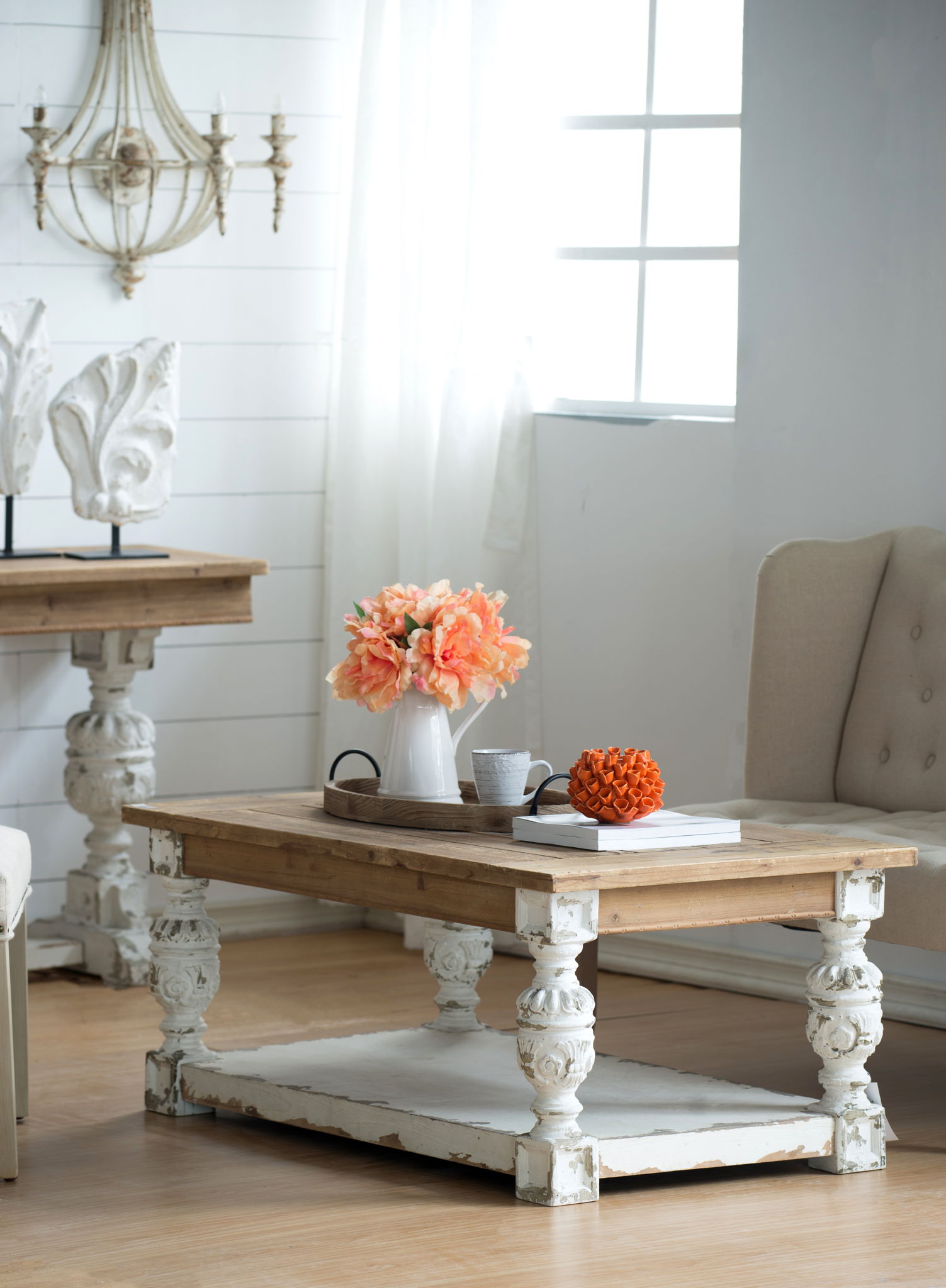 Rectangle Coffee Wooden Coffee Table, French Country Coffee Table - Brown / Antique White - Best Buy Furniture
