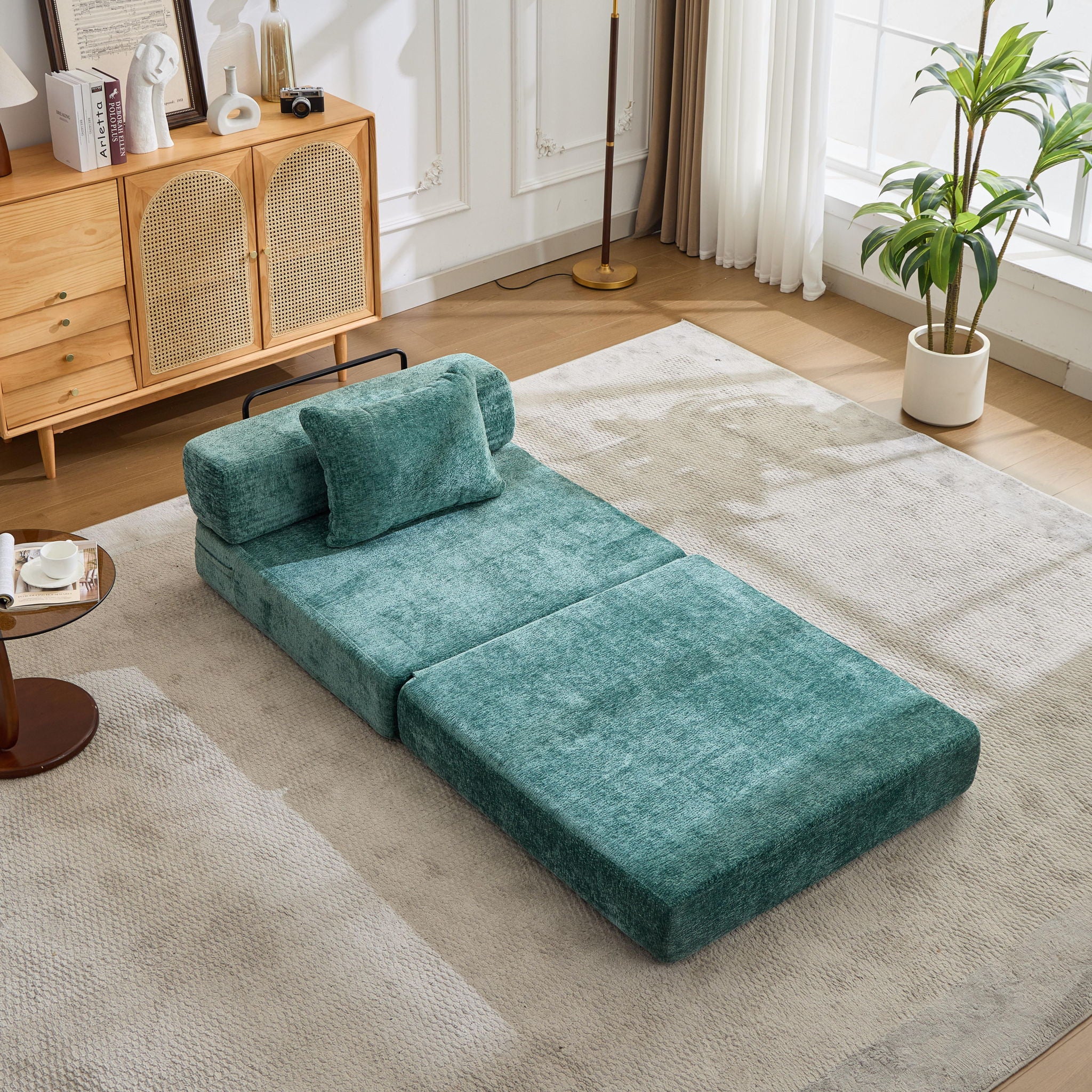 Convertible Floor Sofa Bed With Fixed Shape Frame For Living Room - Dark Green