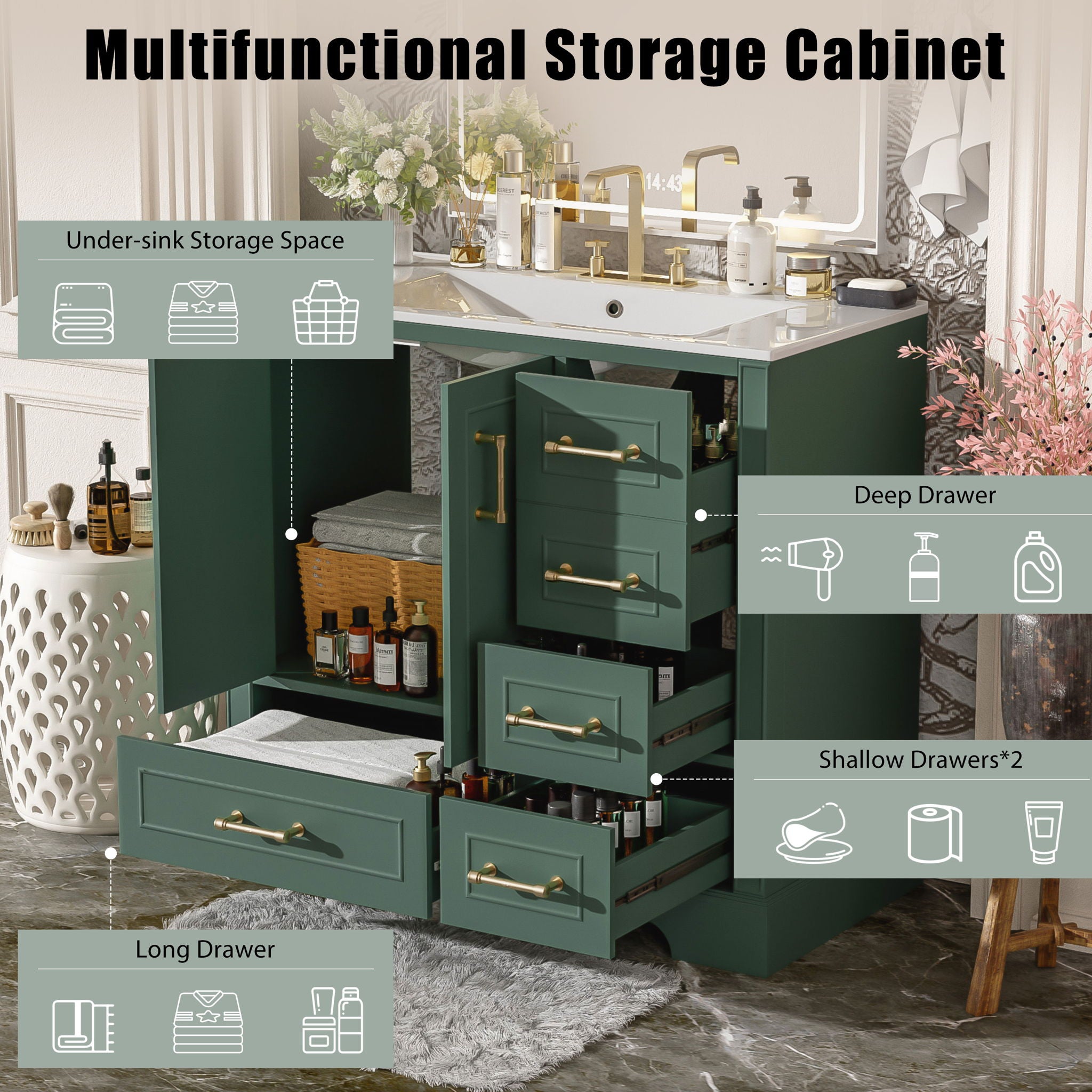 Traditional Bathroom Vanity With Soft Close Doors And Drawers