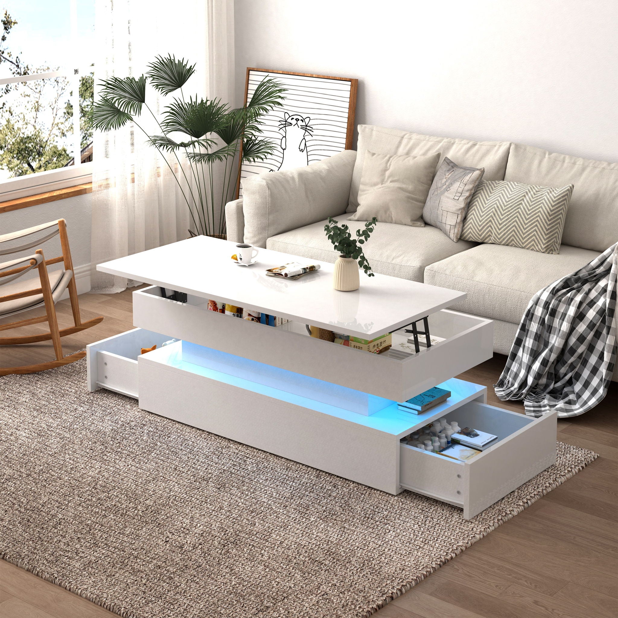Contemporary Foldable Coffee Table With Drawers And LED, 3 Tier Design
