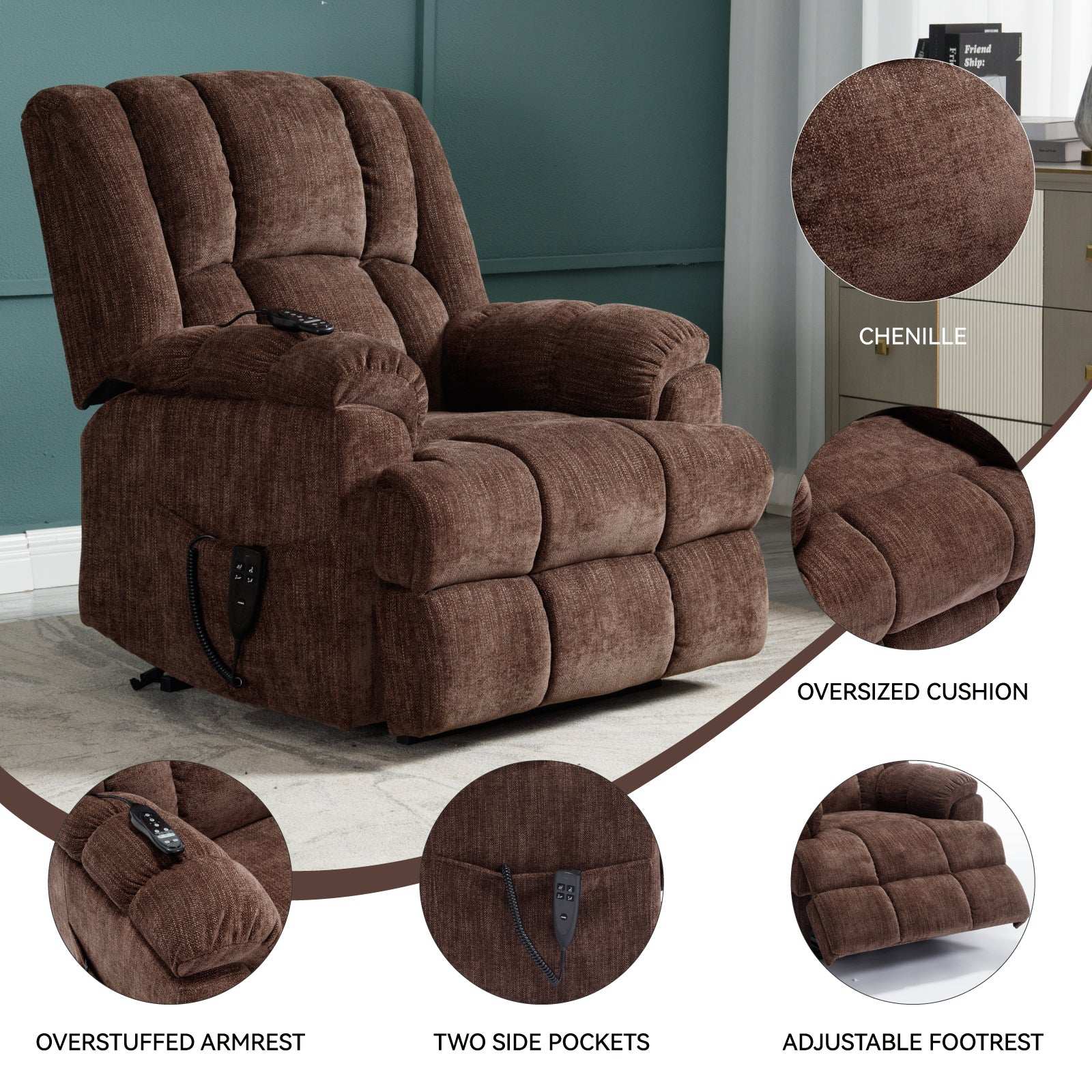 TOPMAX Electric Power Lift Recliner with Massage, Brown - Best Buy Furniture