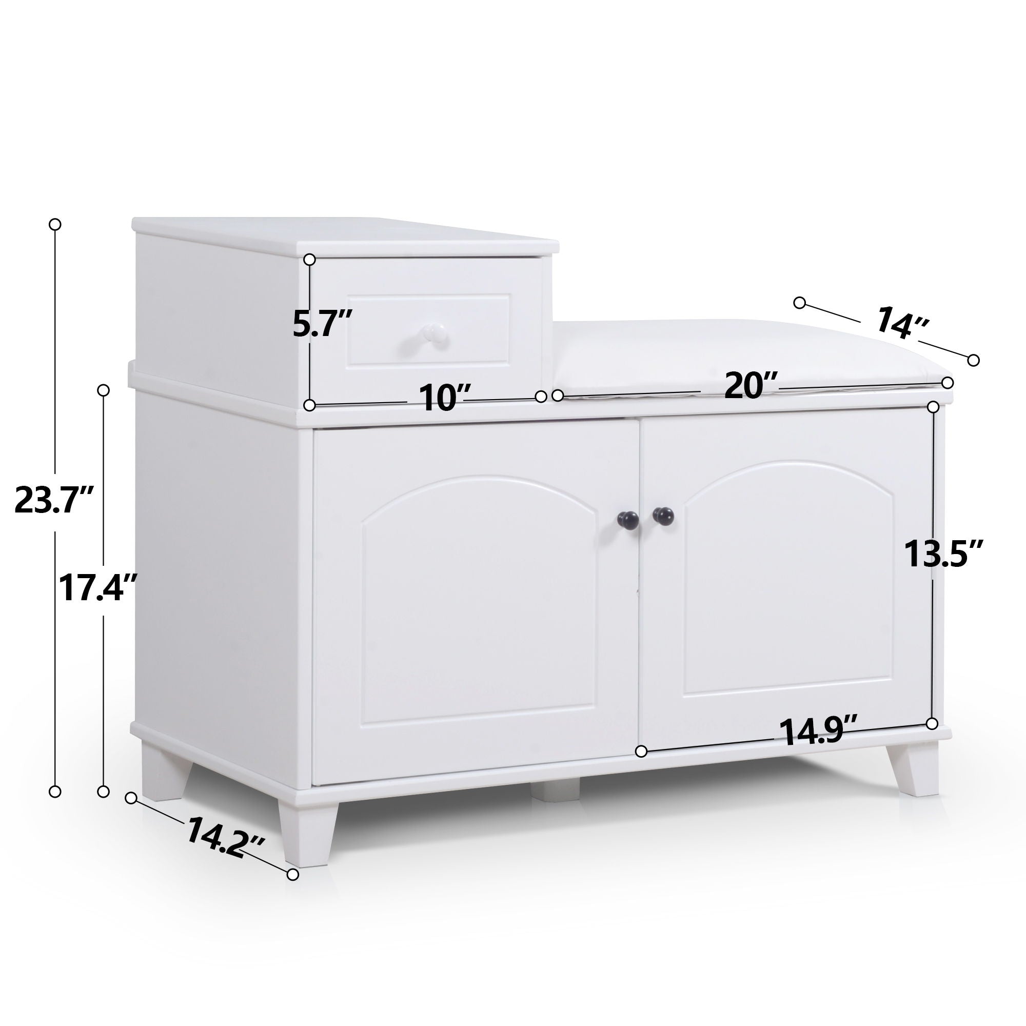 Shoe Storage Bench Cabinet With Fireproof Cushion, Double Doors And Movable Drawer For Door Entrance - White