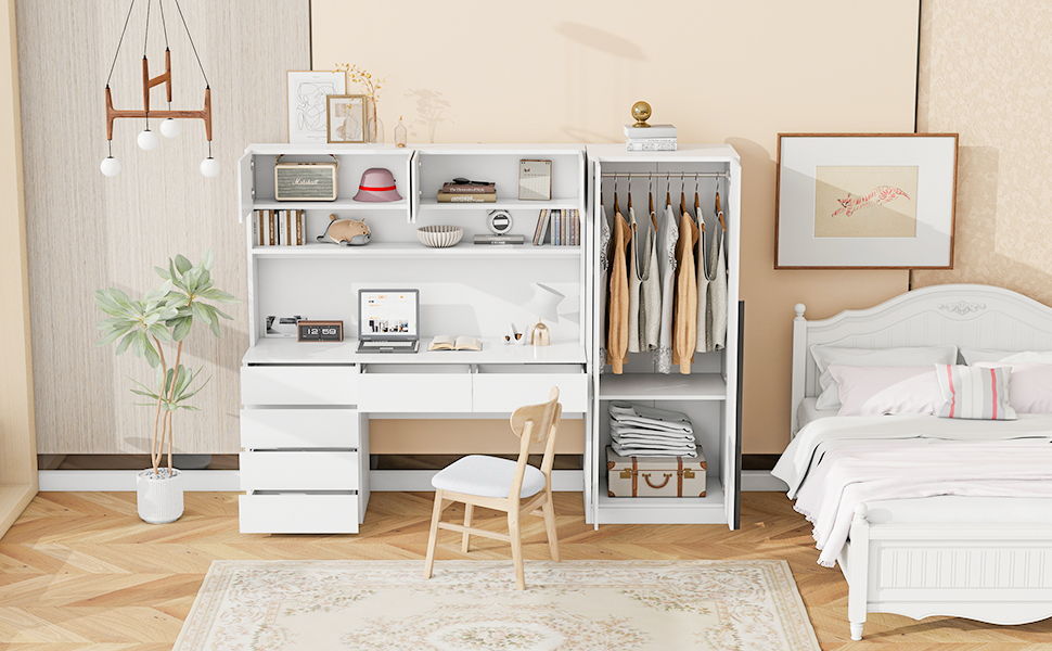 2 Door Storage Desk Wardrobe For Bedroom With Shelves And Drawers