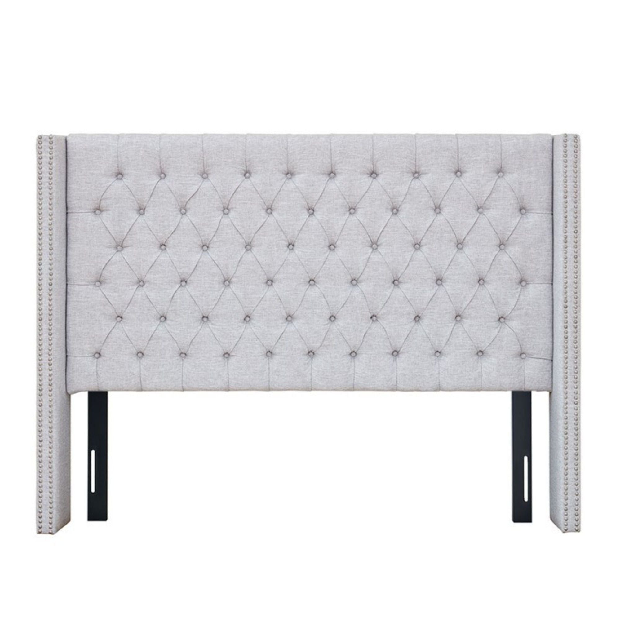 Queen Size Upholstery Headboard With Tufted Buttons And Nailhead Trim - Gray