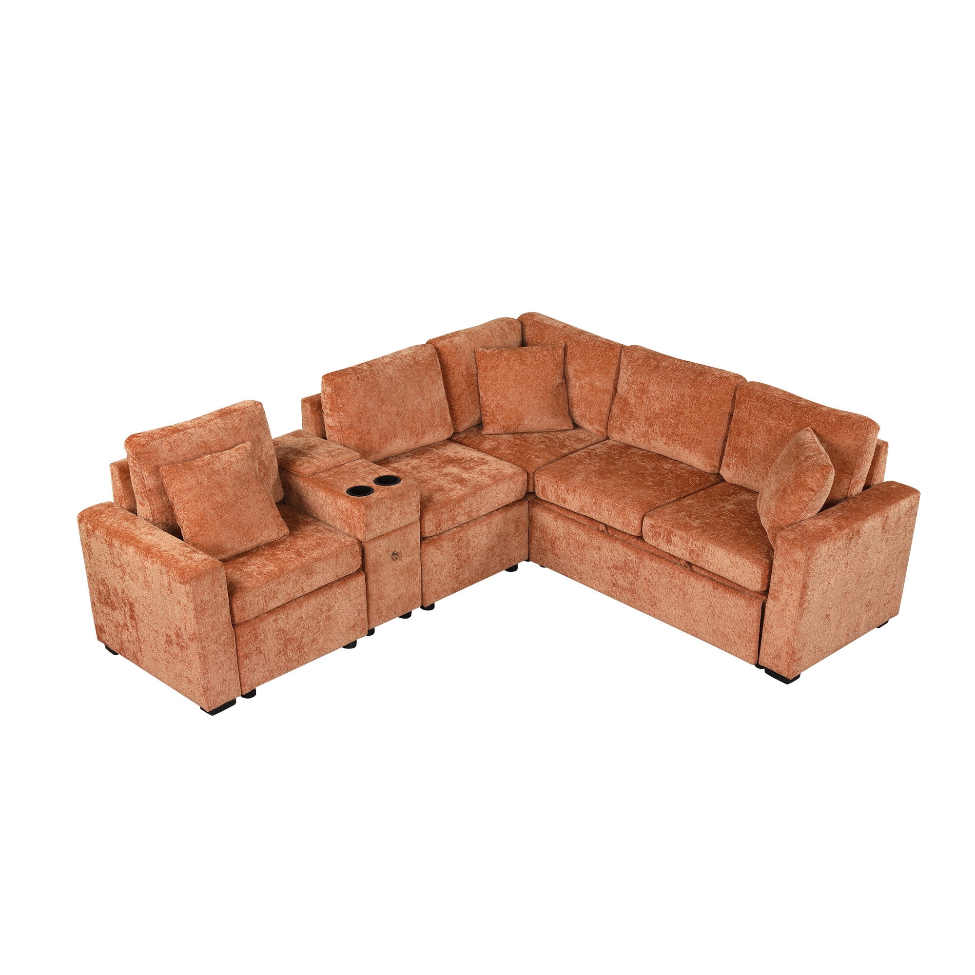 Modular L-Shaped Sectional Sofa Bed With Pull-Out Sleeper, Cup Holders, And Storage
