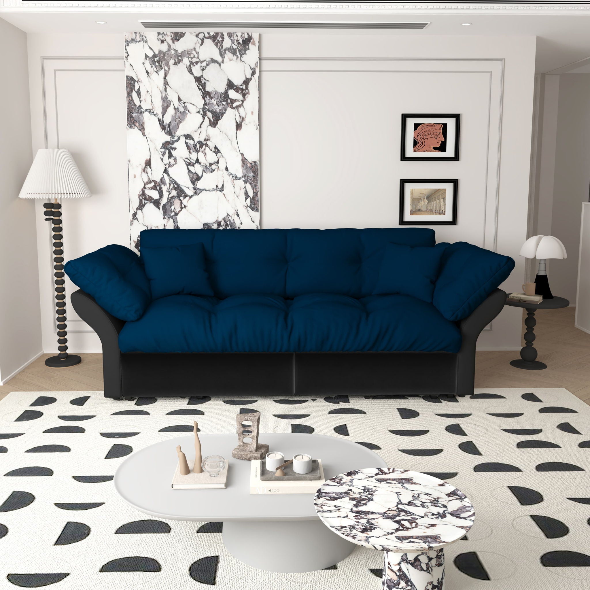 Queen Pull Out Sofa Bed, 3 In 1 Convertible Sleeper Tufted Sofa & 2 Soft Pillows - Blue