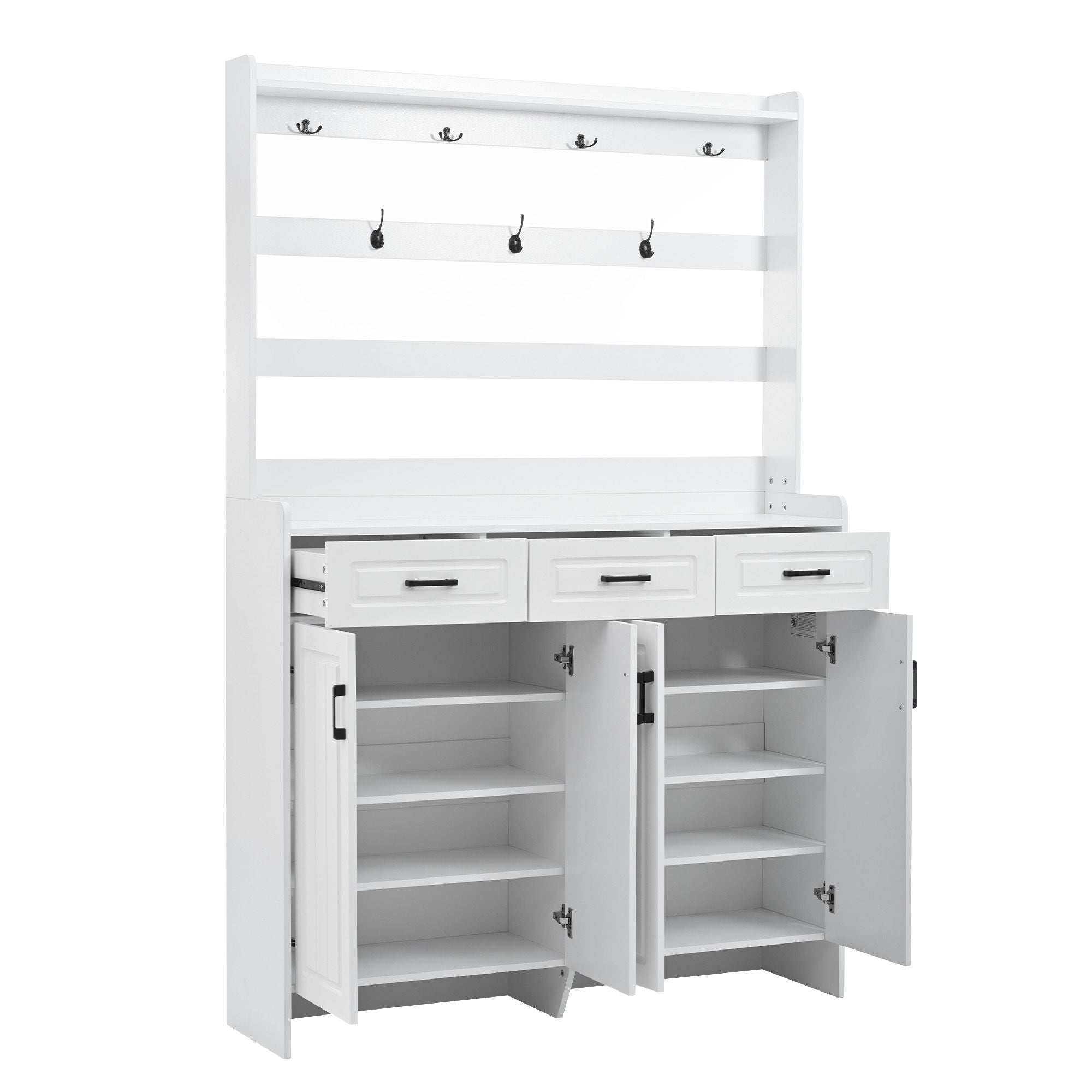 Minimalist 4 Door Shoe Cabinet With Coat Rack, 3 Drawers, 8 Shelves, Metal Hooks And Handles