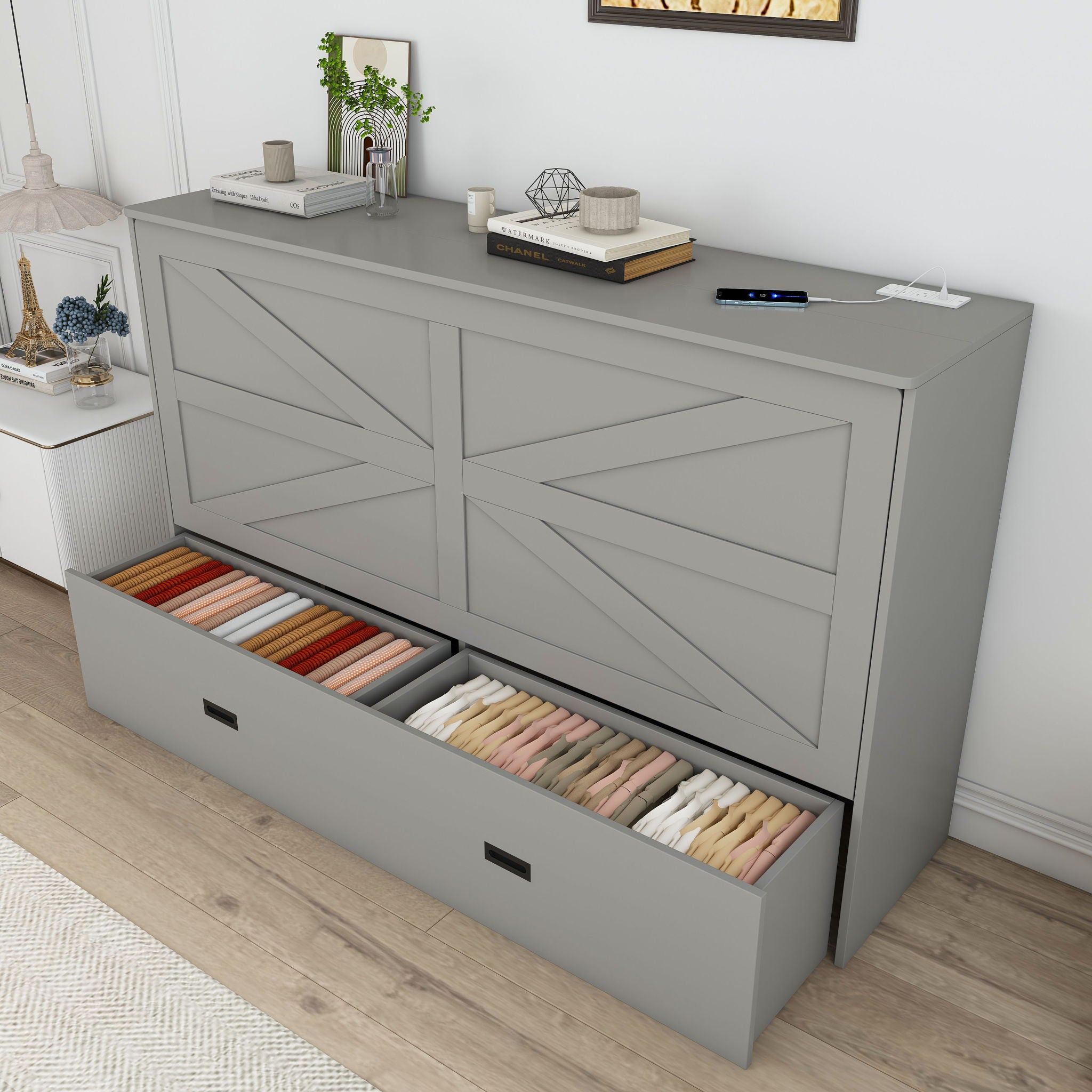 Murphy Bed With Storage Drawers And Charging Cabinet, Foldable Panels, Swivel Wheels