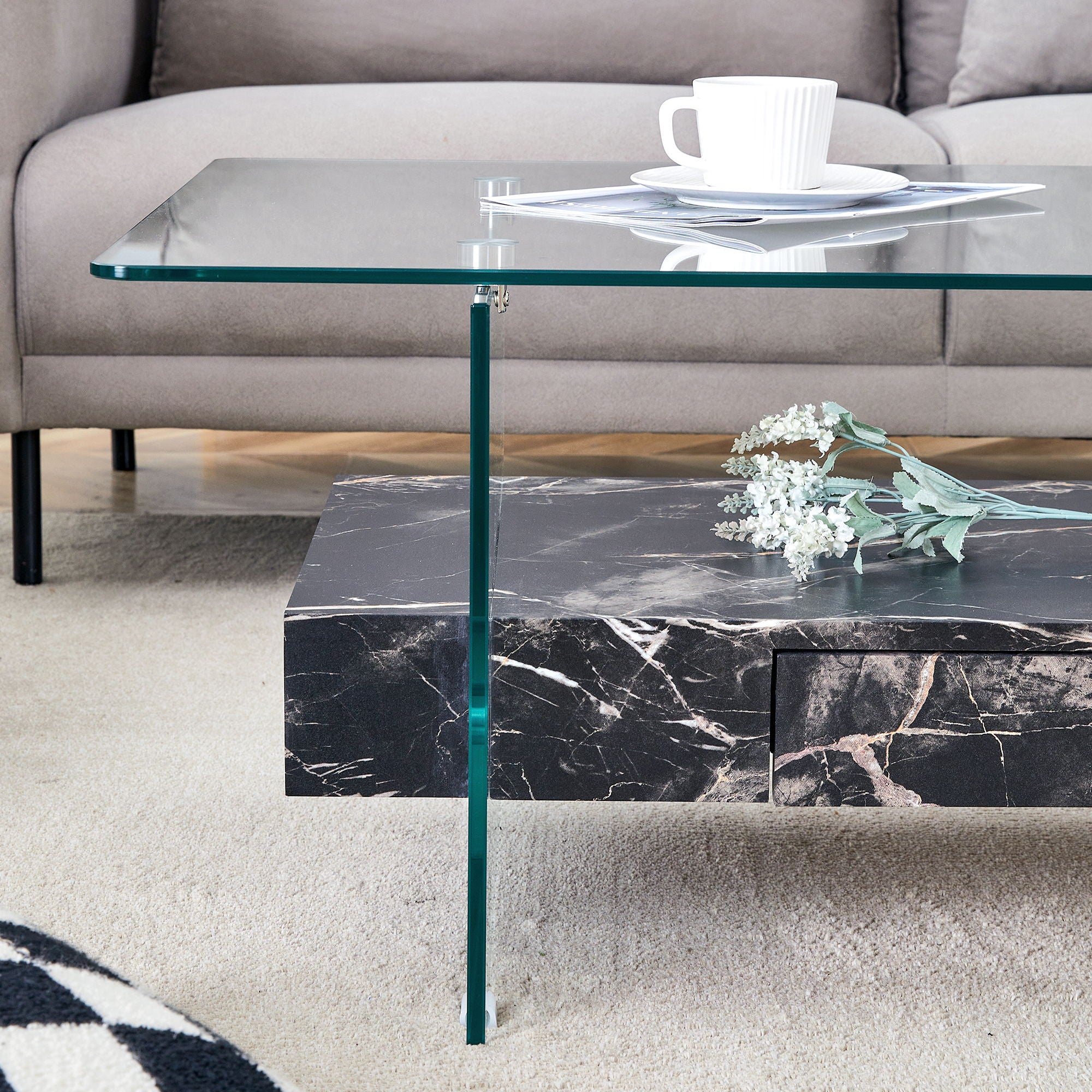 Modern 2 Tier Square Coffee Table, Elegant Marble Pattern