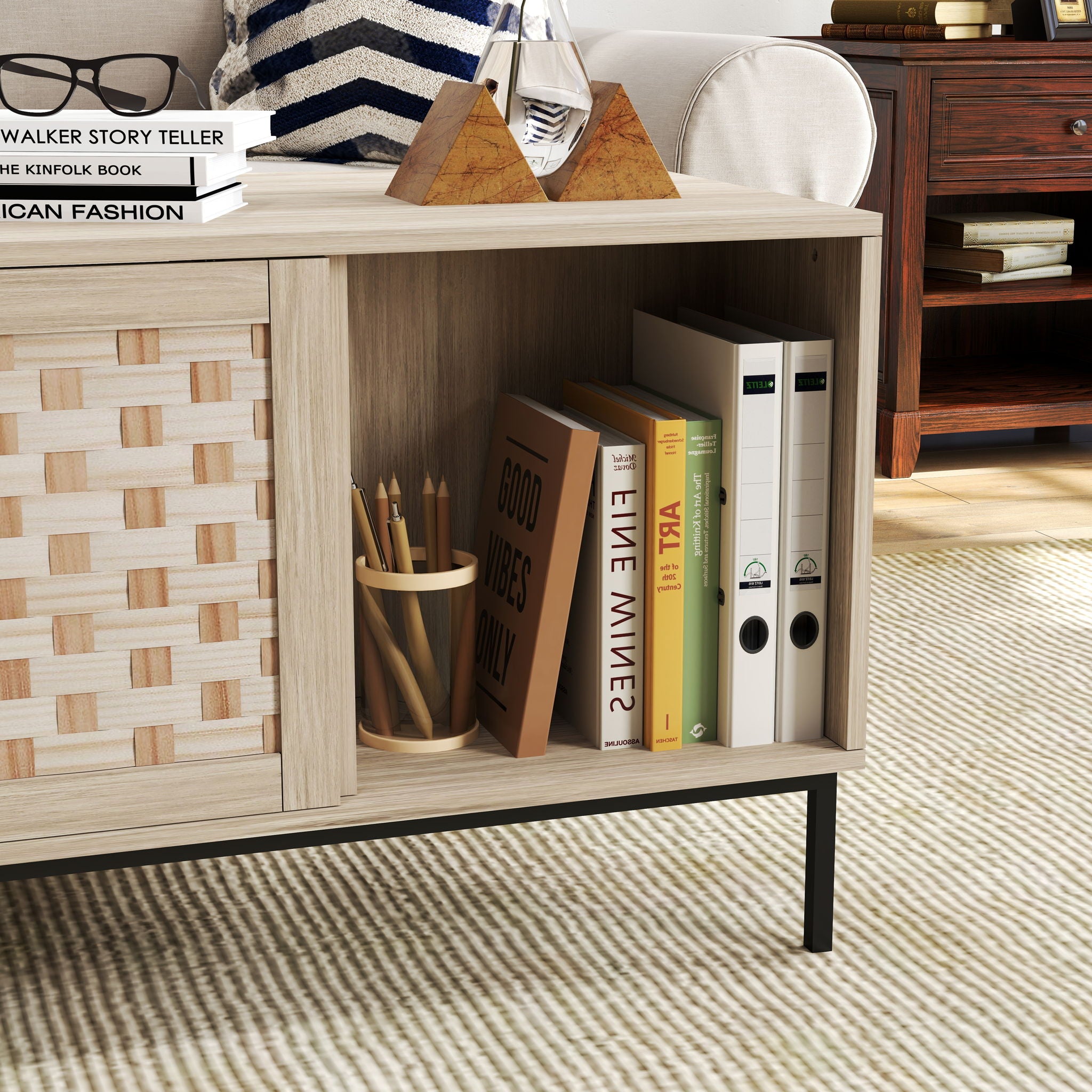 Elegant Veener Weaving Design Coffee Table With 4 Sliding Doors - Natural Wood