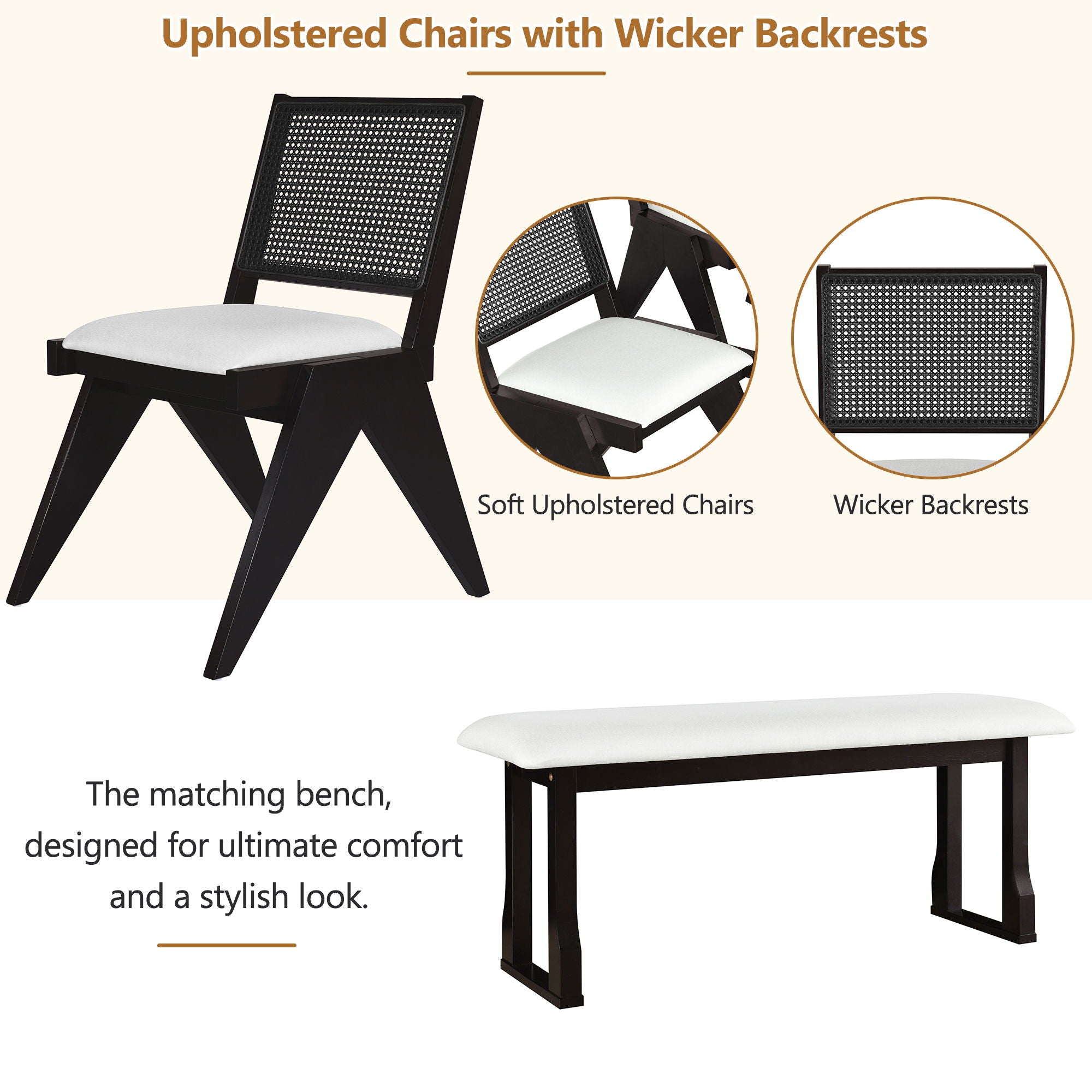 6 Piece Extendable Dining Table Set With 4 Wicker Back Upholstered Dining Chairs And Long Bench, 2 Removable Leaf