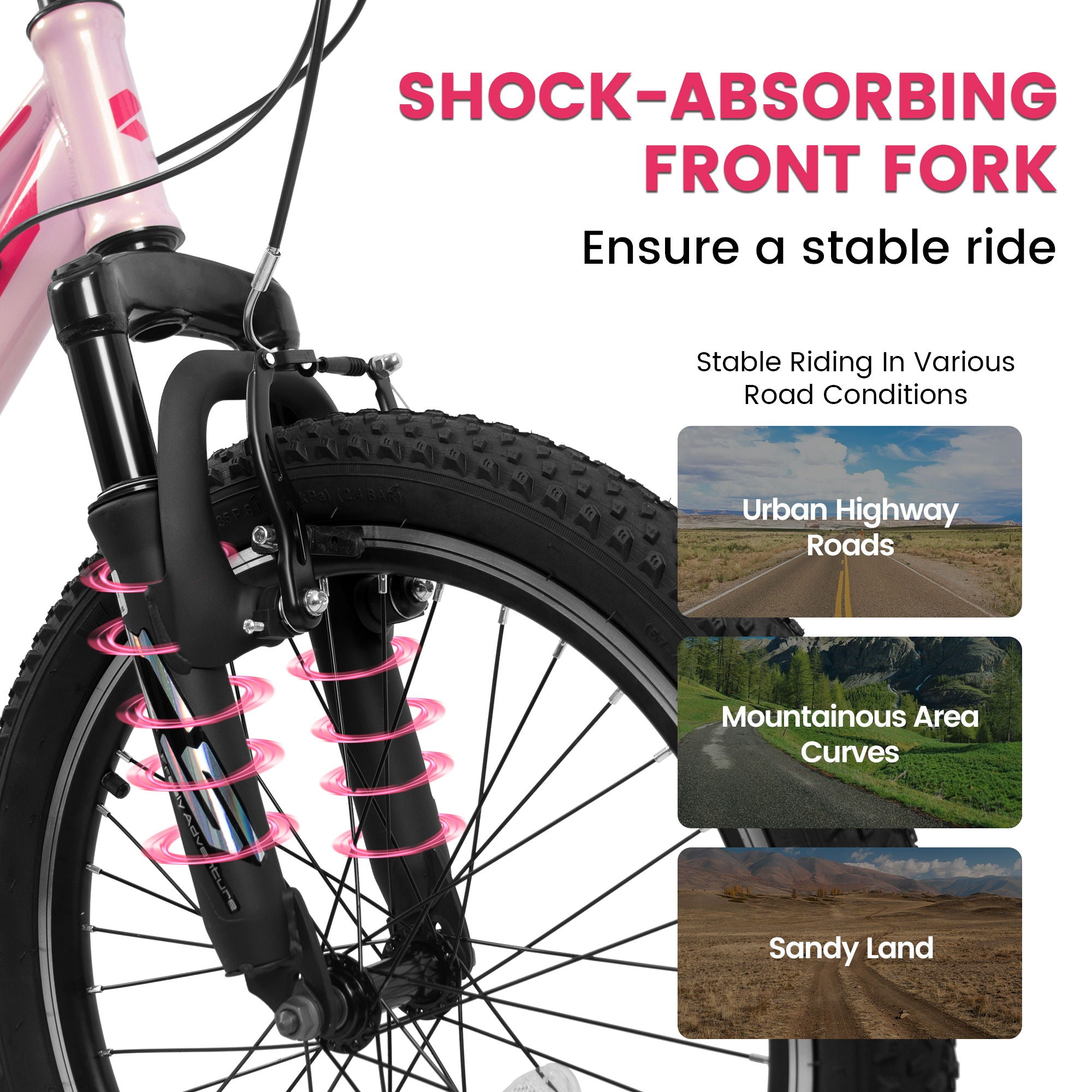 20" Children's Bicycle Shock Absorbing Front Fork 7 Speed V Brakes Mountain Tire Boys And Girls Kids Bike For Outdoor Adventure - Pink