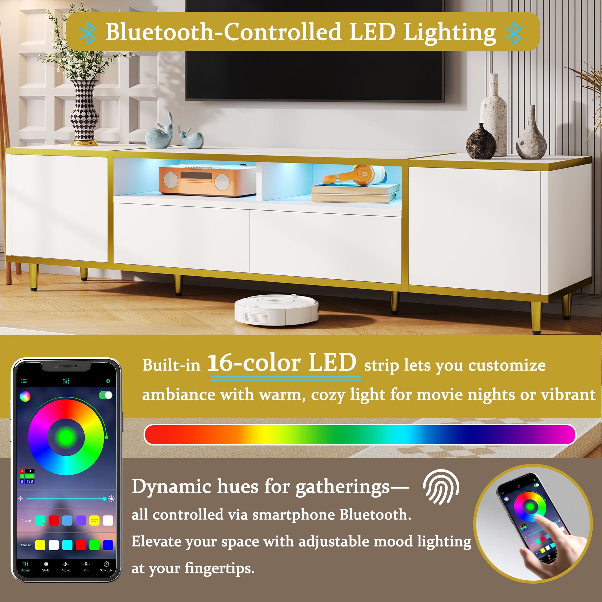 TV Stand For TVs Up To 80", Entertainment Center With 2 Shelves And LED Lights