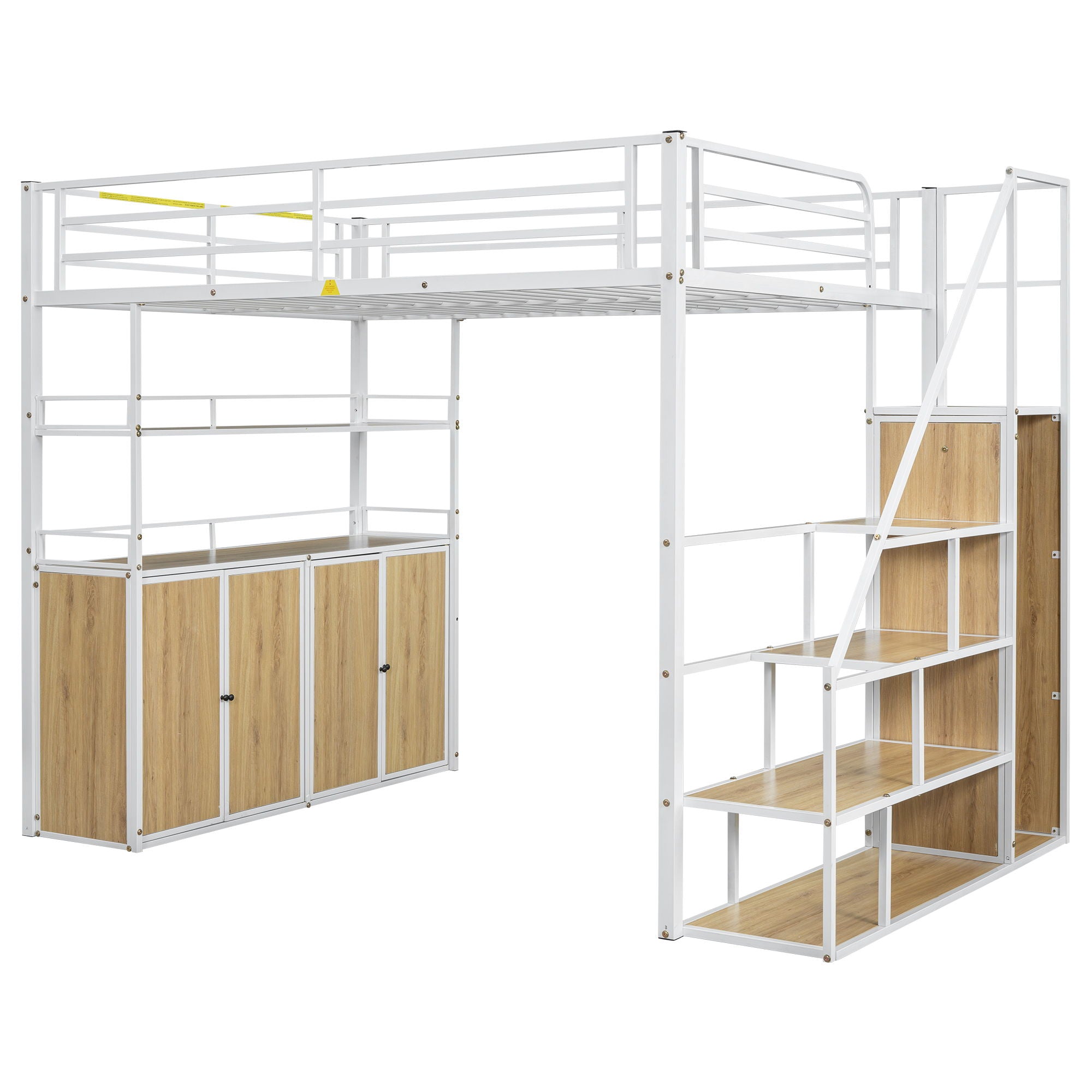 Full Size Loft Bed With Storage Staircase, Wardrobe, Shelves, And Lockers Natural Mdf Details - White / Natural