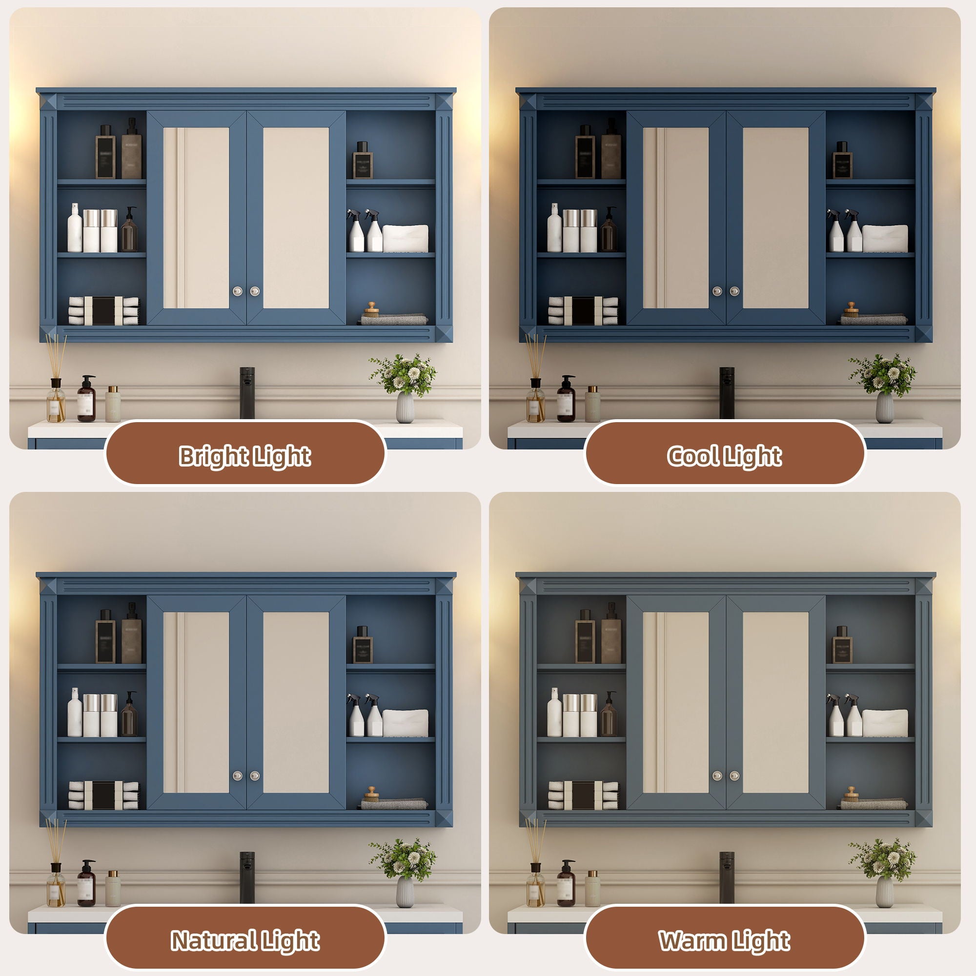 Wall-Mounted Mirror Cabinet With Adjustable Shelf And Open Shelves