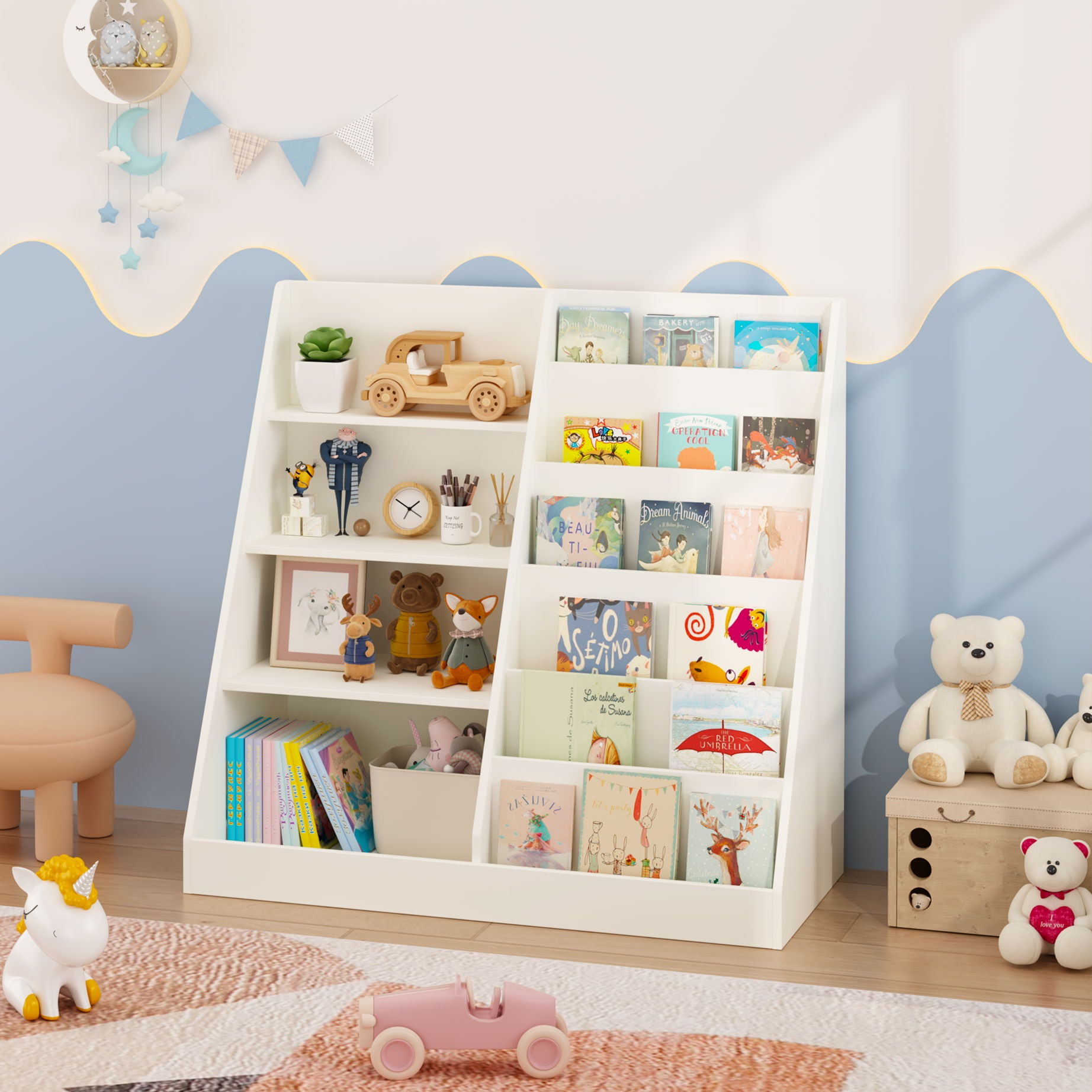 Bookshelf And Toy Storage Organizer, 4 Tier Bookcase With Display Stand For Playroom