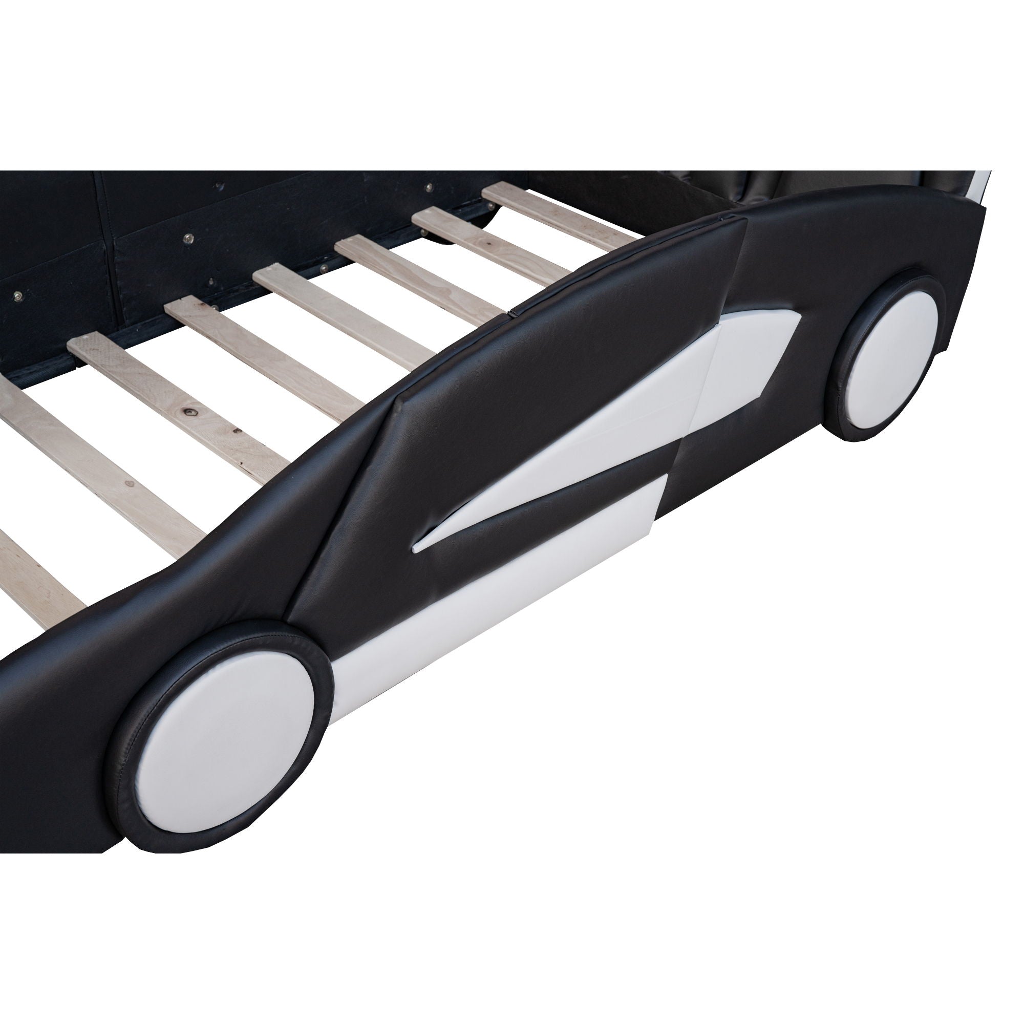 Race Car Shaped Twin Platform Bed With Wheels, Pine Wood Construction