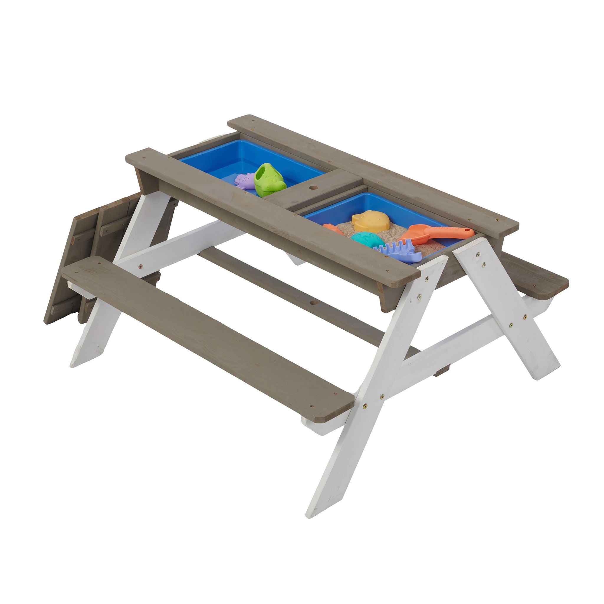 Wooden Kids Picnic Table, Sand And Water Table With Umbrella, Activity Table For Outdoor Backyard Patio Play - White / Gray