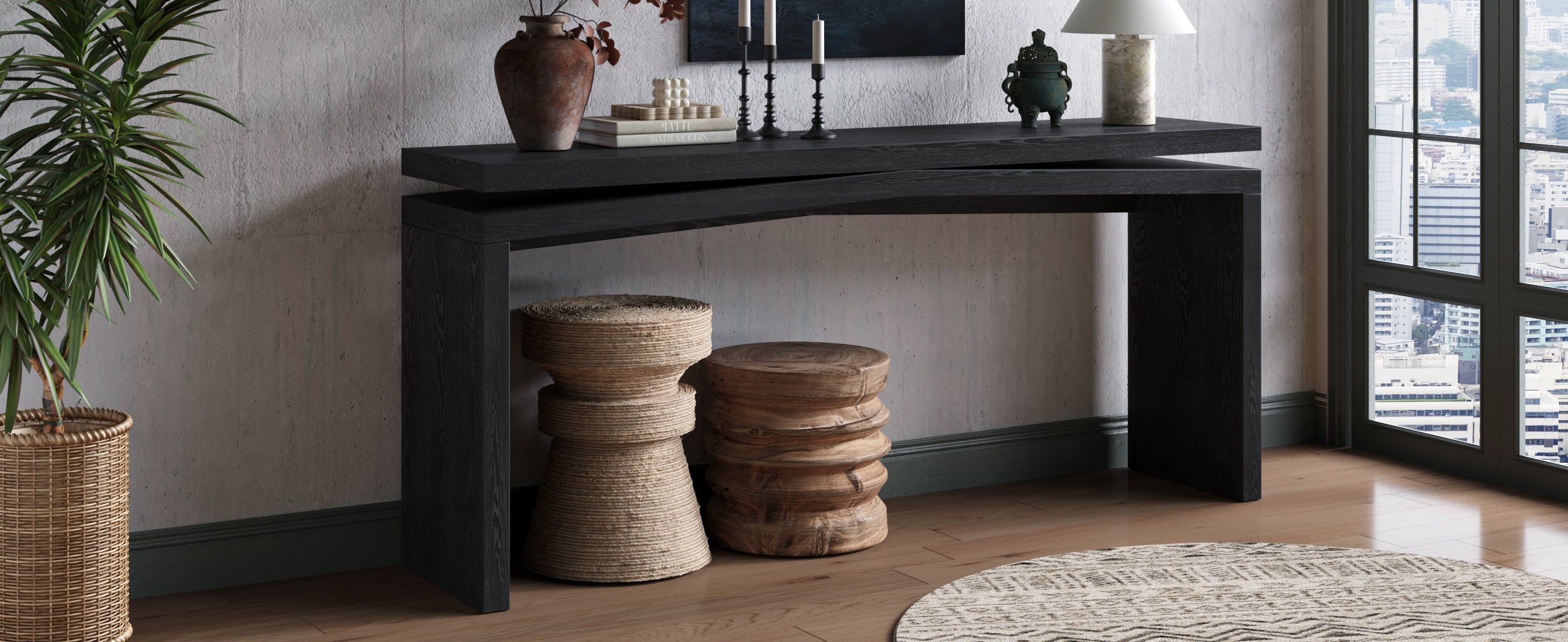 65-Inch Rustic Solid Wood Veneer Console Table