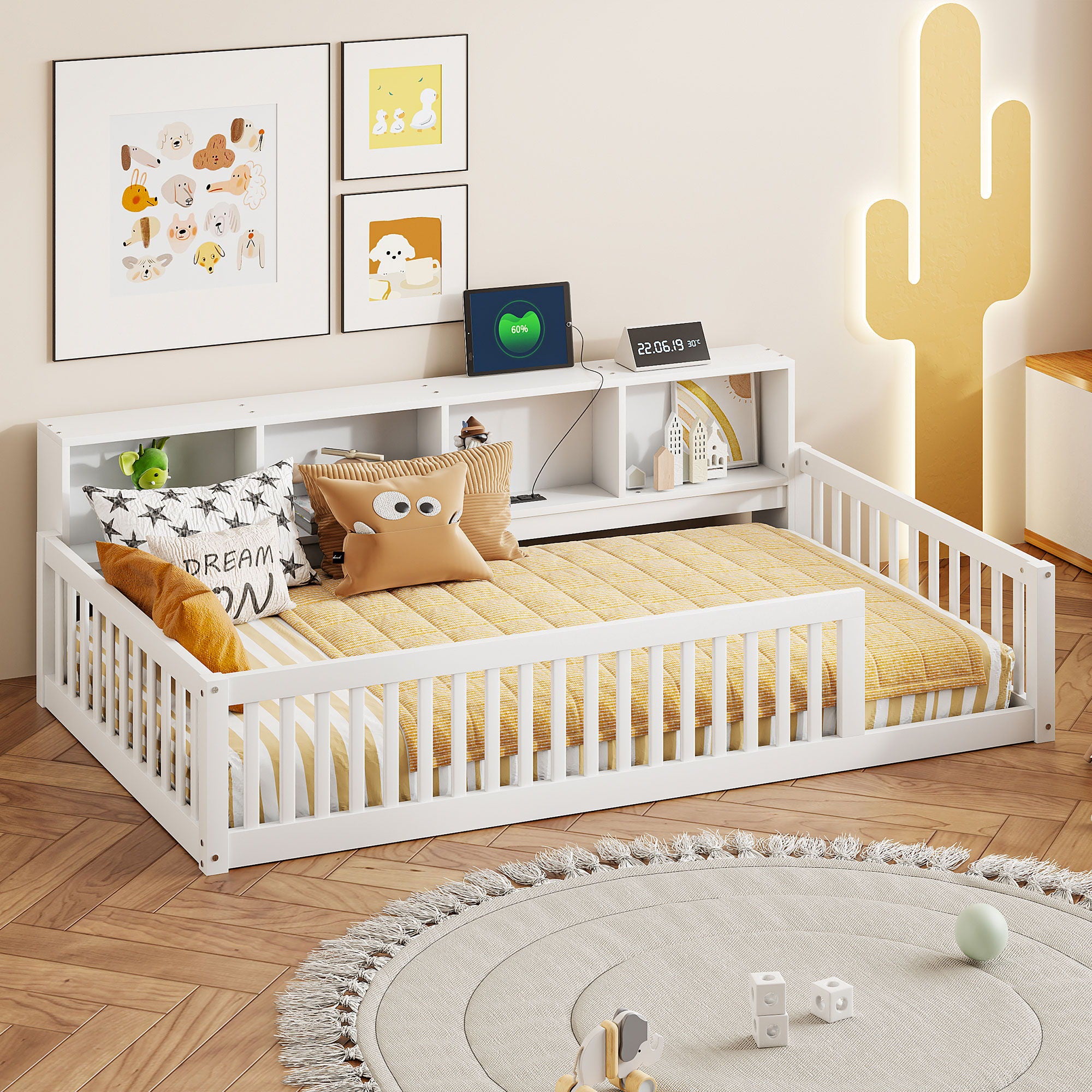 Floor Bed With Storage Cabinets And USB Ports