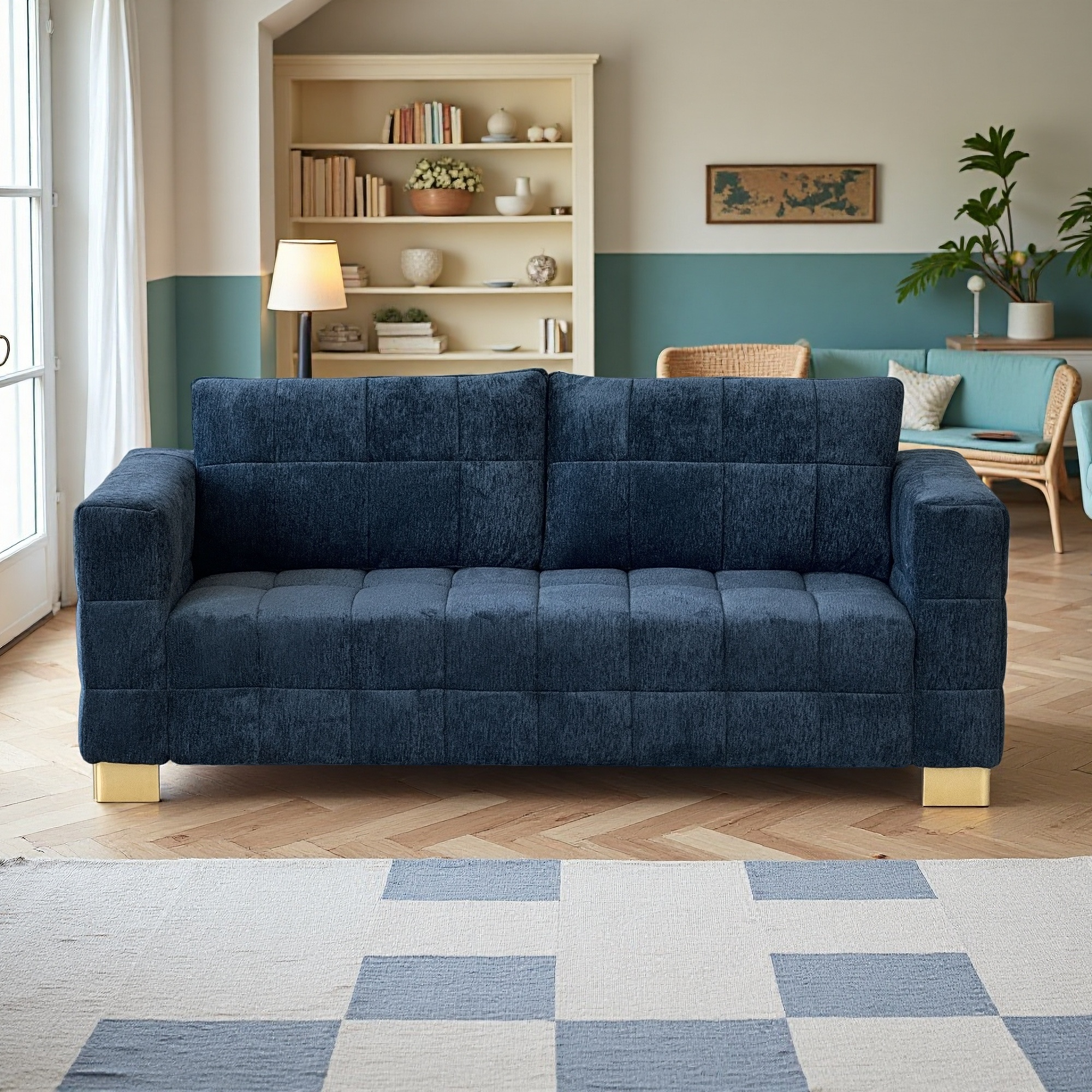 Retro Blue Chenille Upholstered 3-Seater Couch with Stainless-Steel Legs