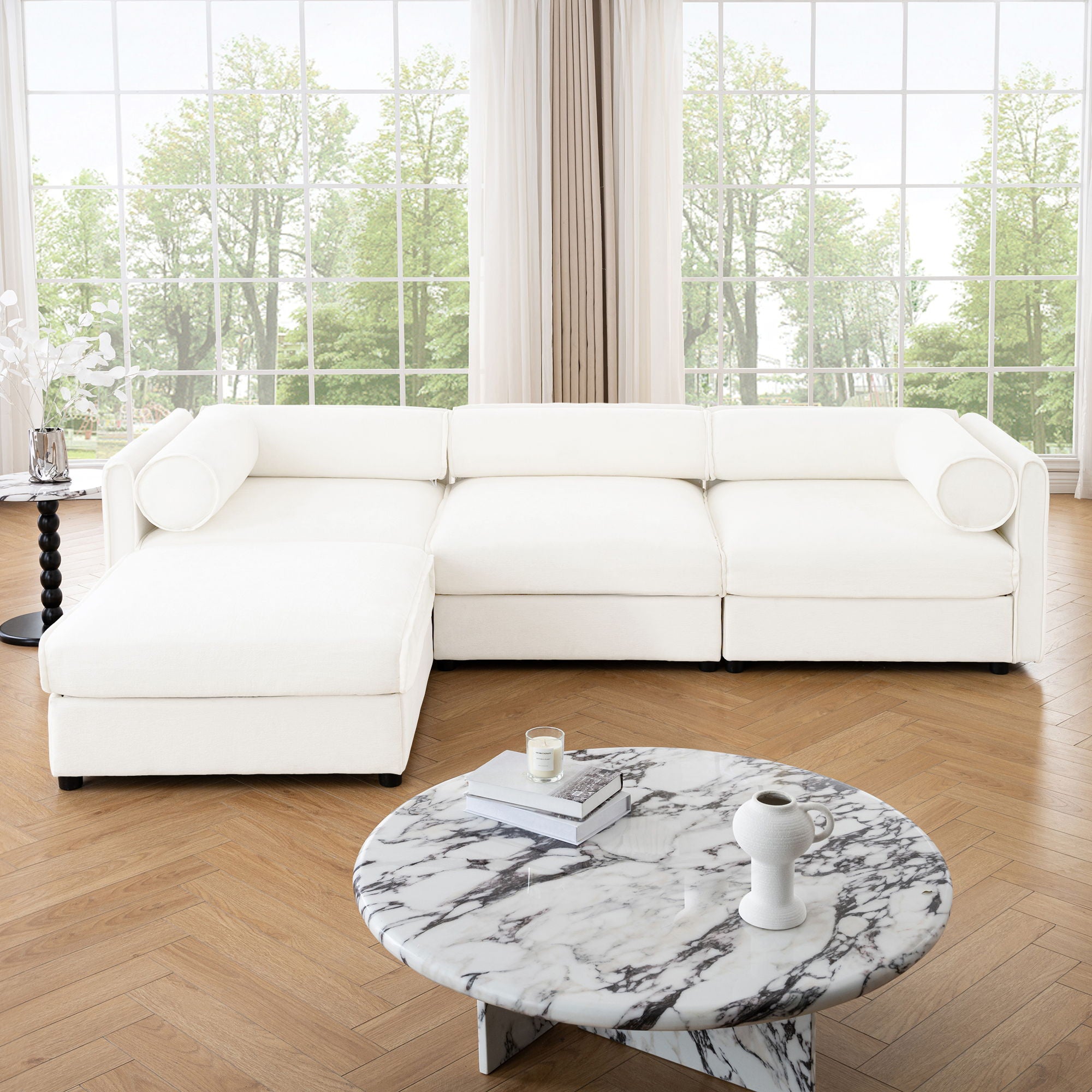 Contemporary Elegant White Chenille Sofa With Storage And Ottoman