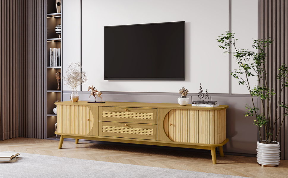 Rattan TV Stand For Tvs Up To 75'', Modern Farmhouse Media Console, Entertainment Center With Legs, TV Cabinet For Living Room, Home Theatre - Natural Wood