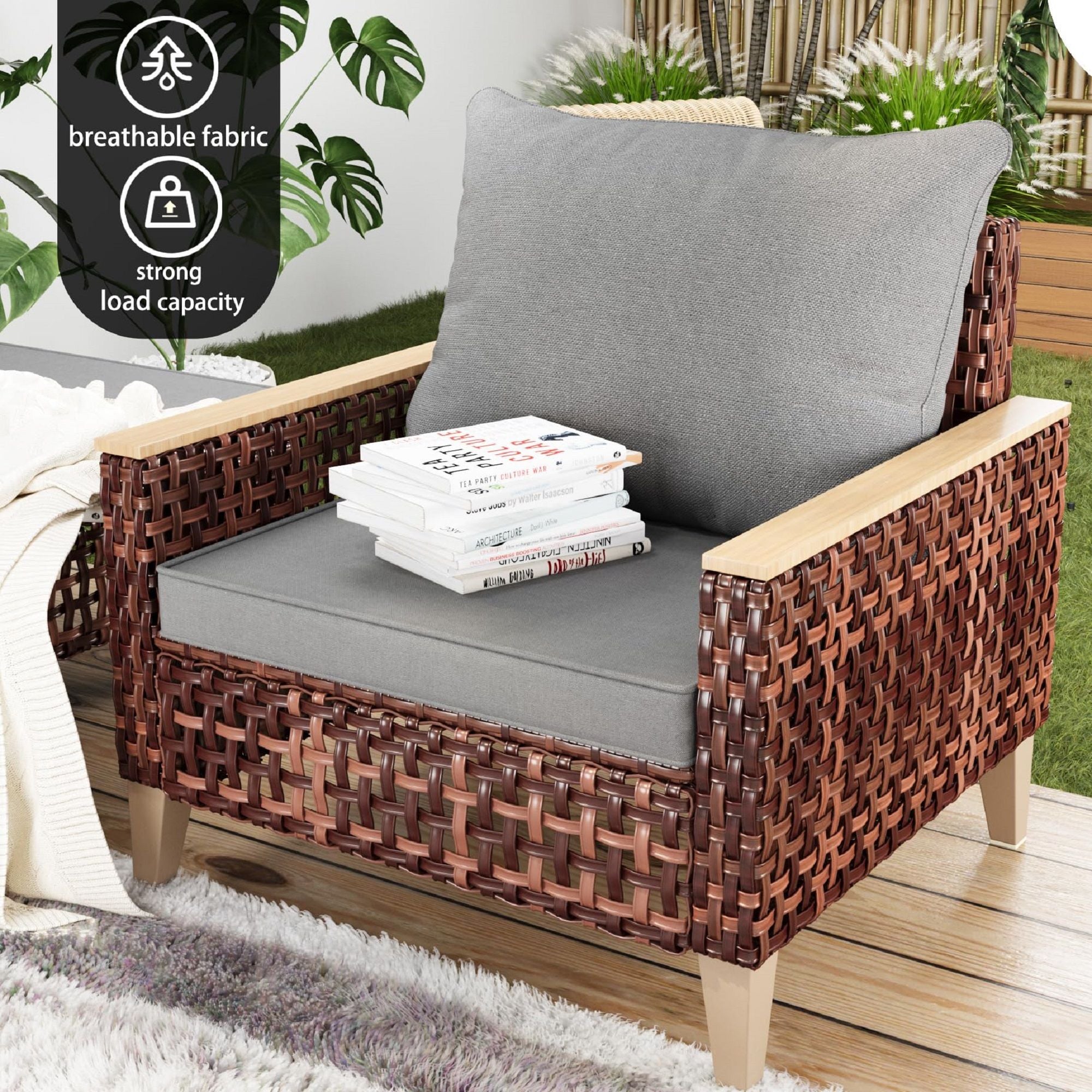 5 Piece Rattan Terrace Furniture Set, 7 Seats Cushions, High Footed Design