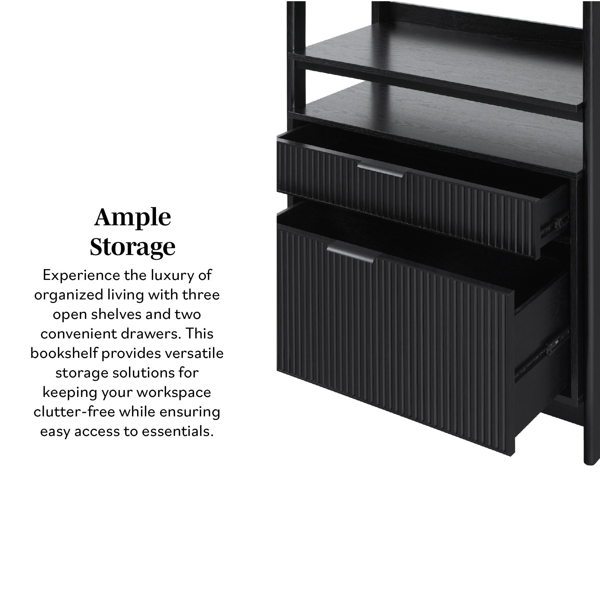 Transitional Wide Reeded Bookshelf With Drawers On Bottom