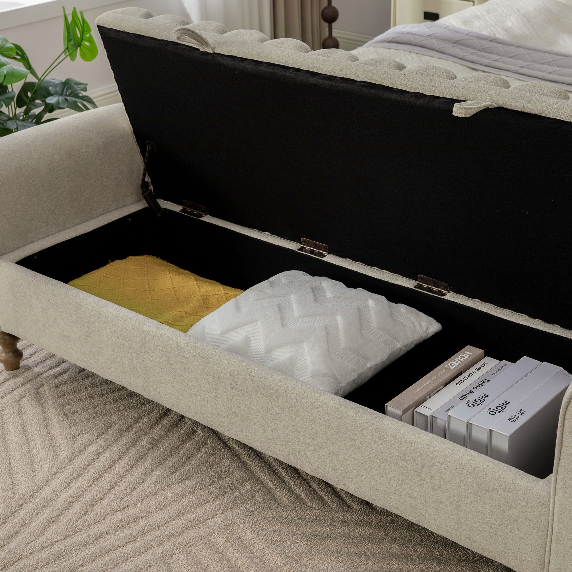 Wide Upholstered Storage Bench With Rolled Armrest For Bedroom - Griege
