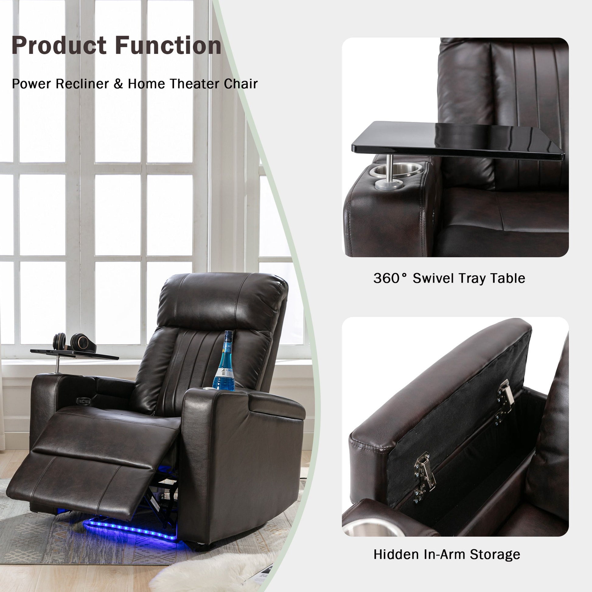 Power Recliner With Storage Arms, Cupholders, Swivel Tray Table And Cell Phone Stand - Brown - Best Buy Furniture