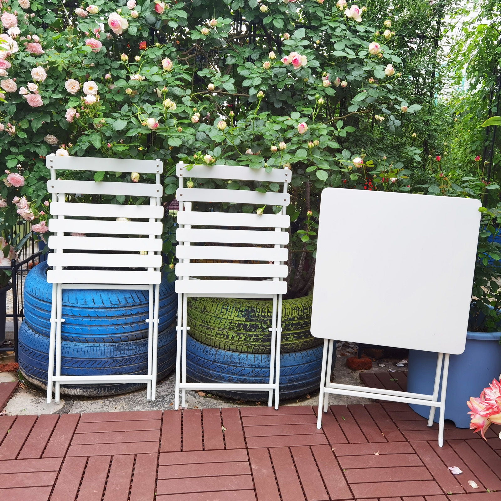 3 Piece Patio Bistro Set Of Foldable Square Table And Chairs
