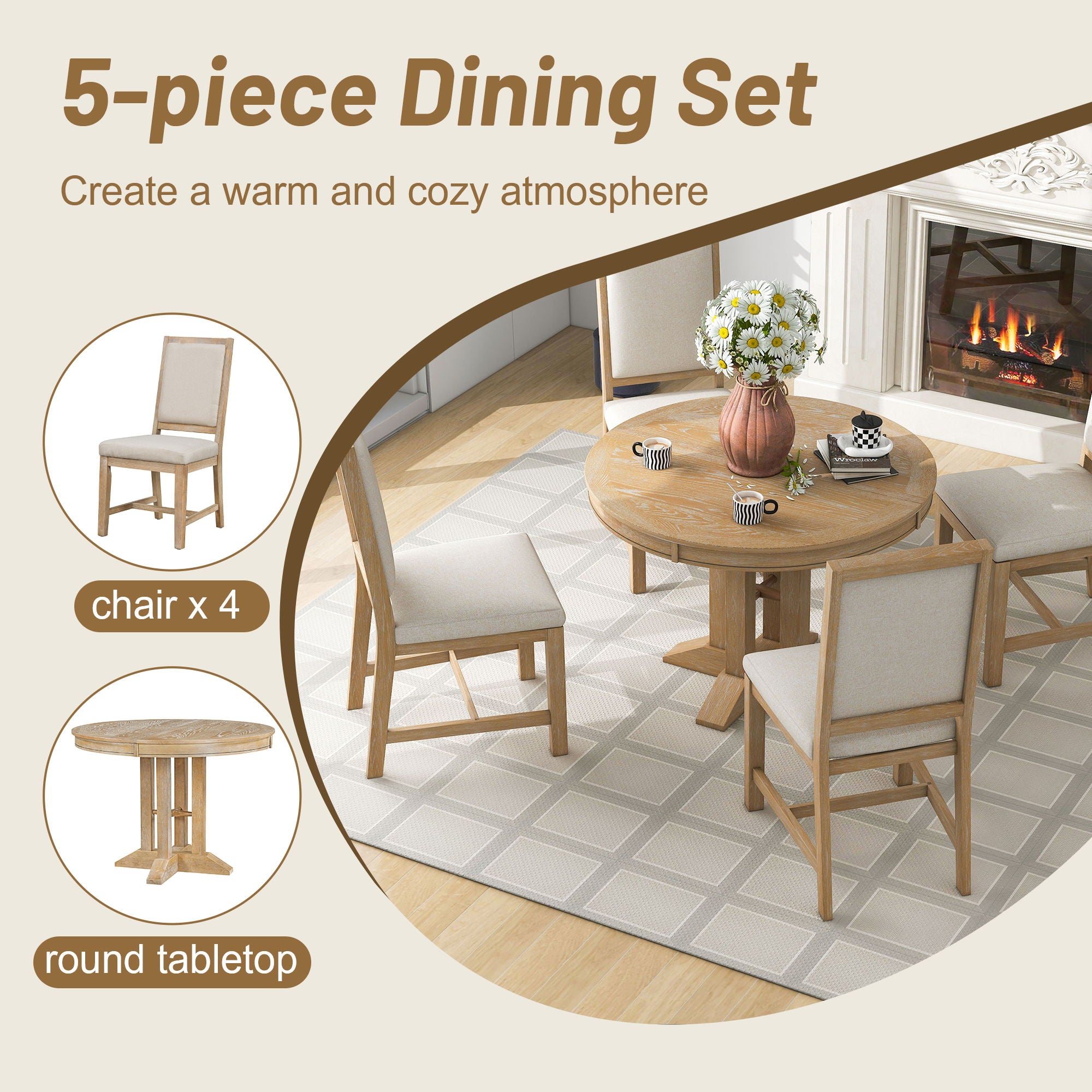 5 Piece Dining Set With Extendable Round Table And Upholstered Chairs