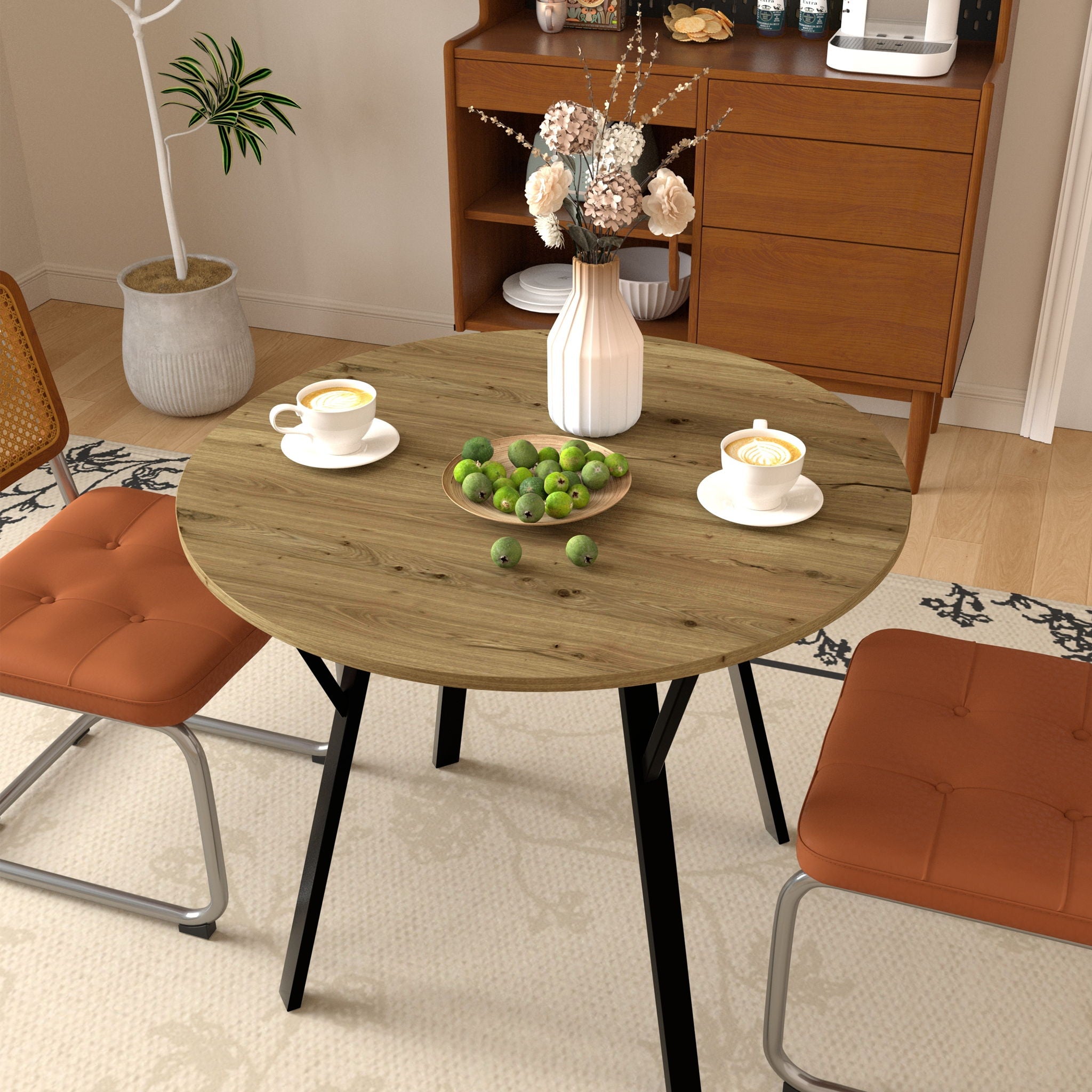 Round Dining Table, For 2 - 4 People - Rustic Brown