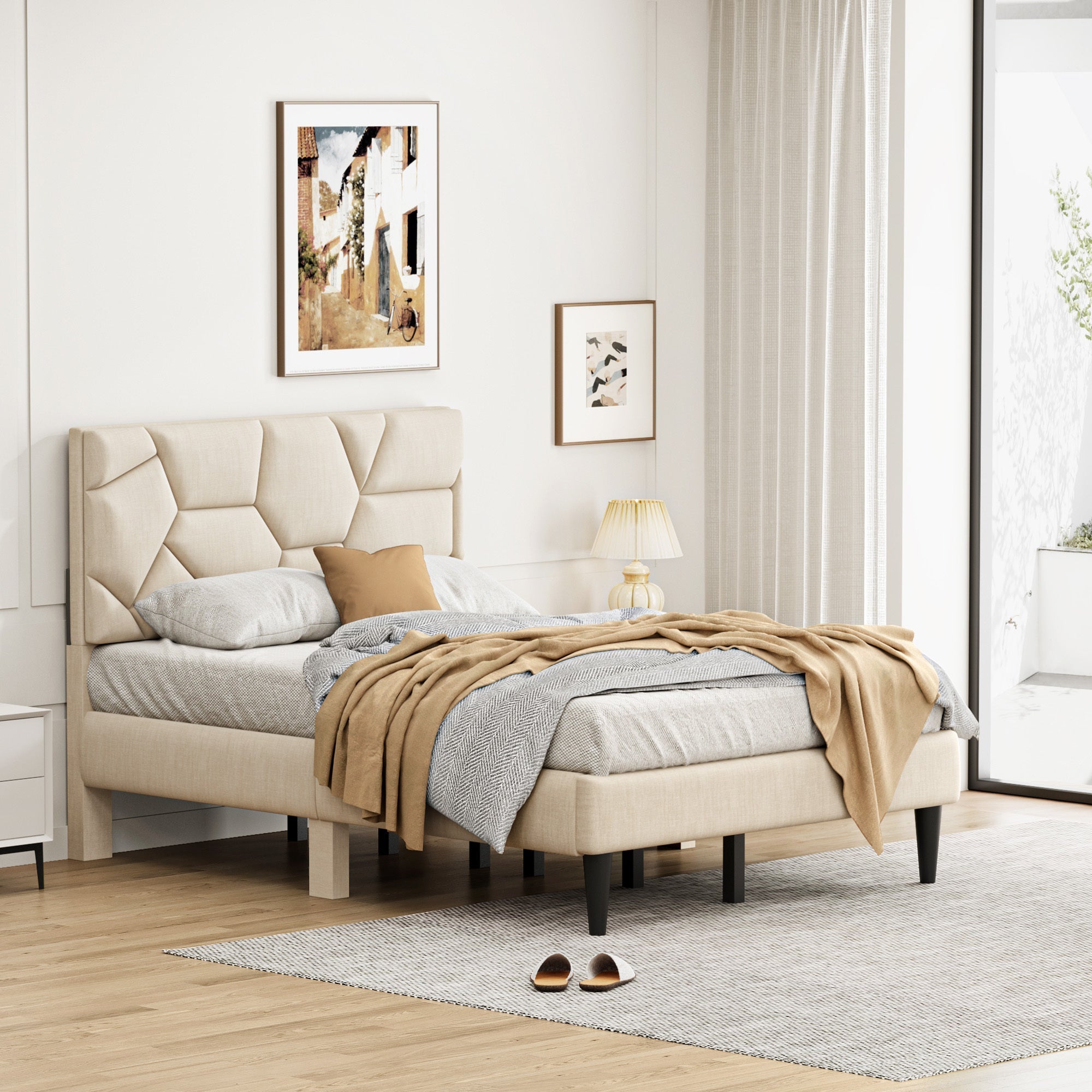 Beige Linen Full Bed Frame – Sturdy Platform Bed With Storage