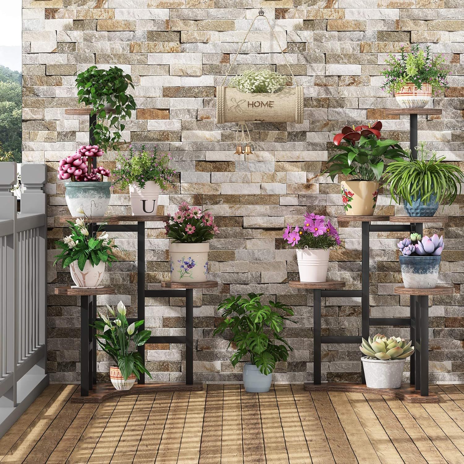 6 Tier Corner Plant Shelf With Frame For Living Room - Rustic Brown