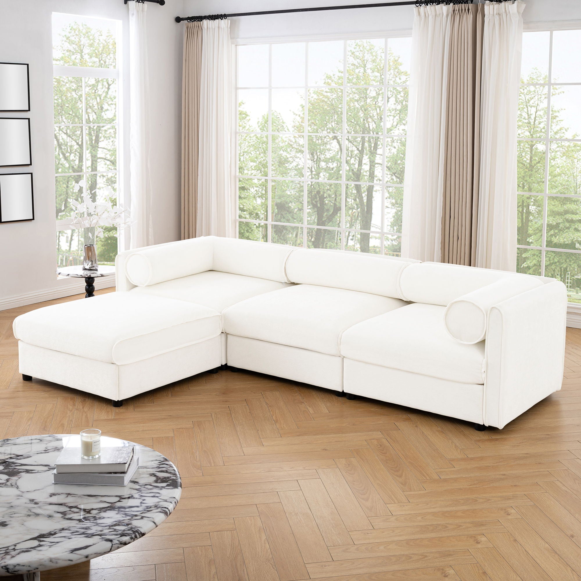 Contemporary Elegant White Chenille Sofa With Storage And Ottoman