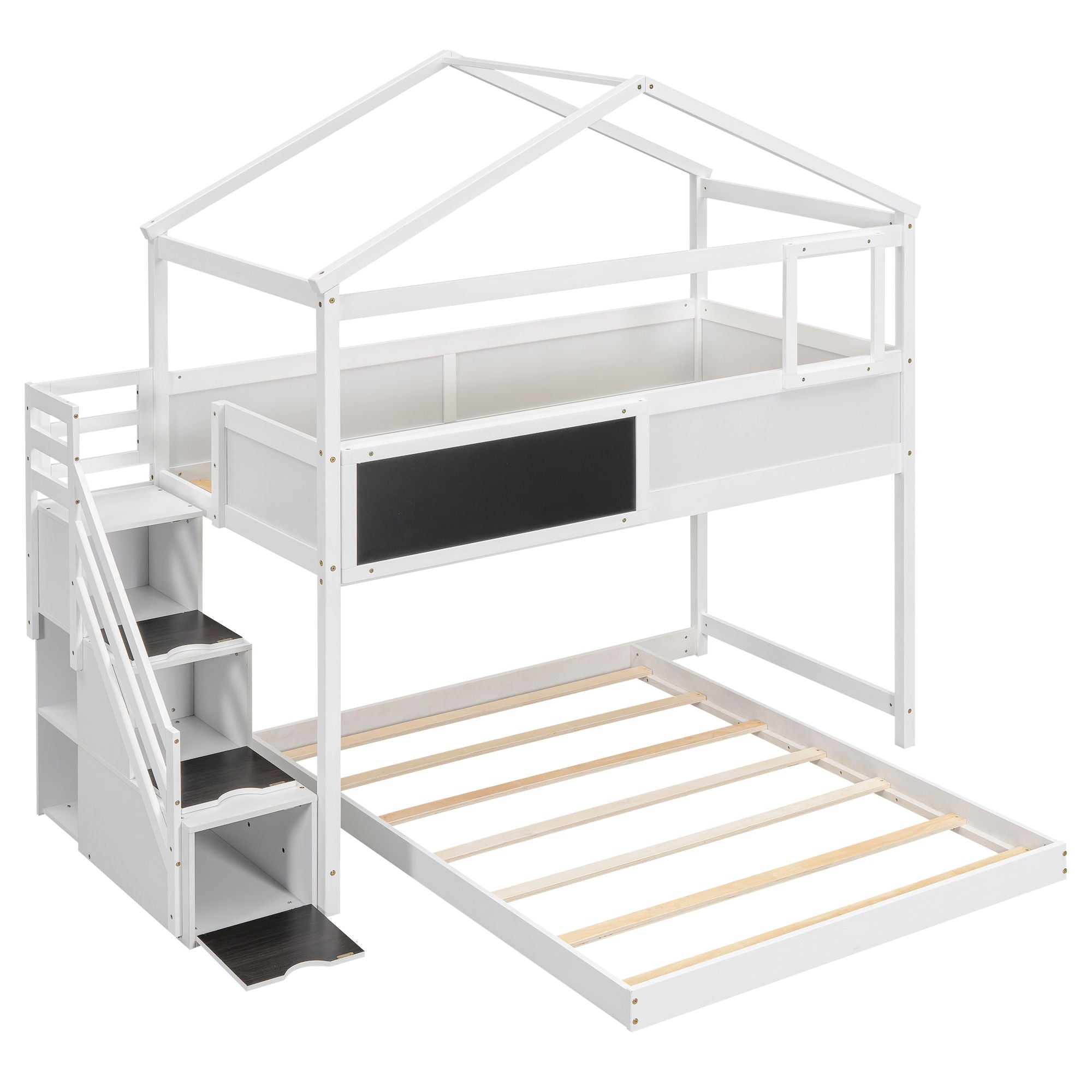 House Style Bunk Bed With Storage Staircase And Blackboard