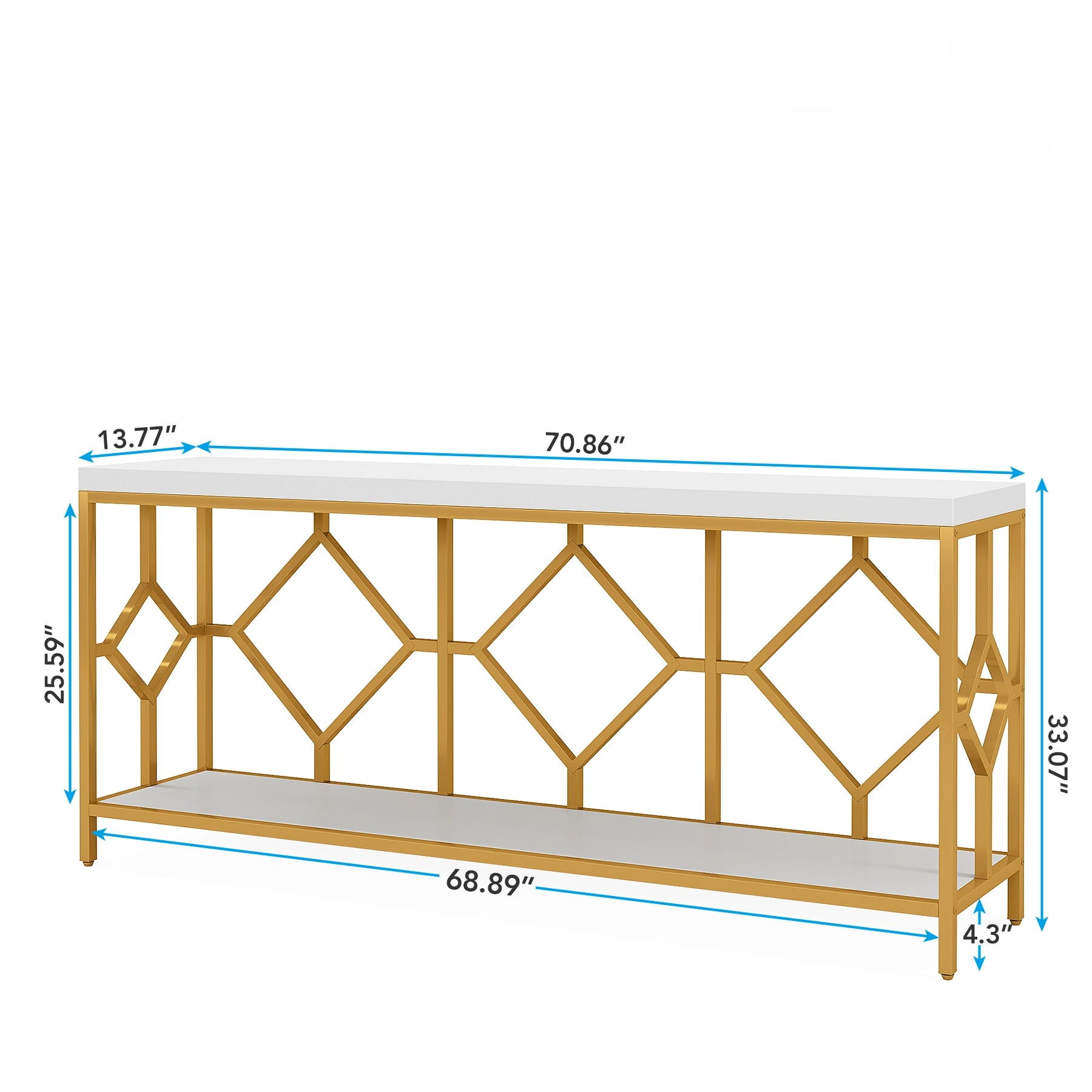 Extra Long Sofa Table With Diamond Pattern Frame, 2 Tier Open Storage For Living Room - White / Gold