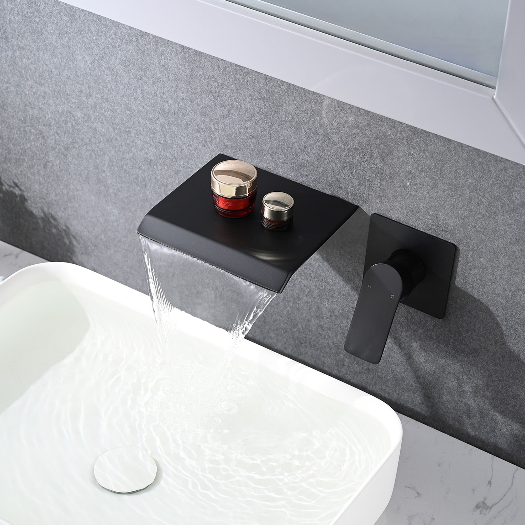 Modern Wall Mount Bathtub Faucet With Waterfall Tub Spout And Single Handle Stainless Steel - Matte Black