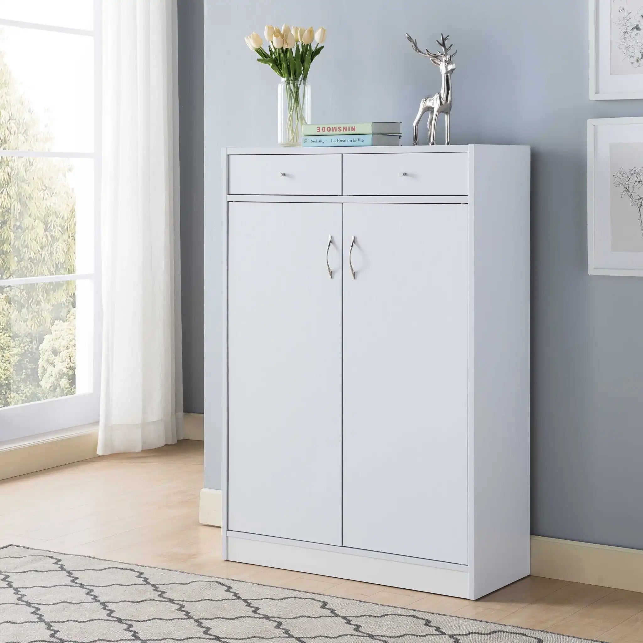 Shoe Storage Cabinet With Fives Shelves, Two Drawers, Fits 15 Pairs Of Shoes